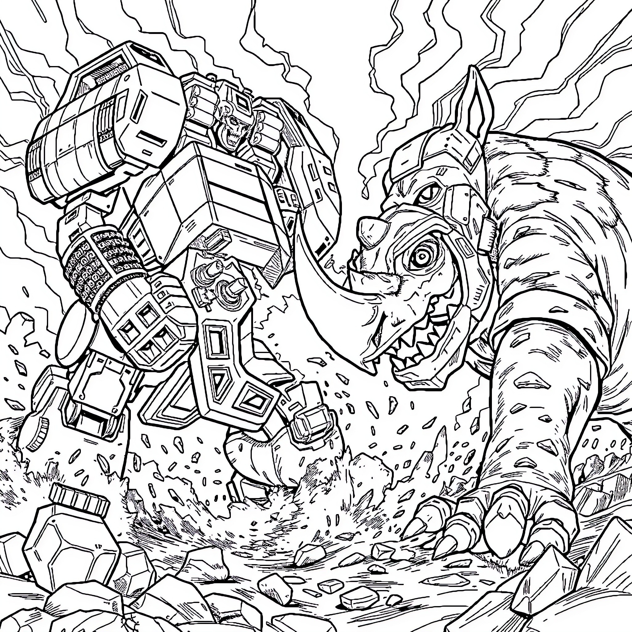 War Machine: Mechanized Warrior Versus Colossal Beast Coloring Page (free black-and-white line drawing printable PDF for all, from beginners to advanced learners, including children, teens, adults, and seniors)