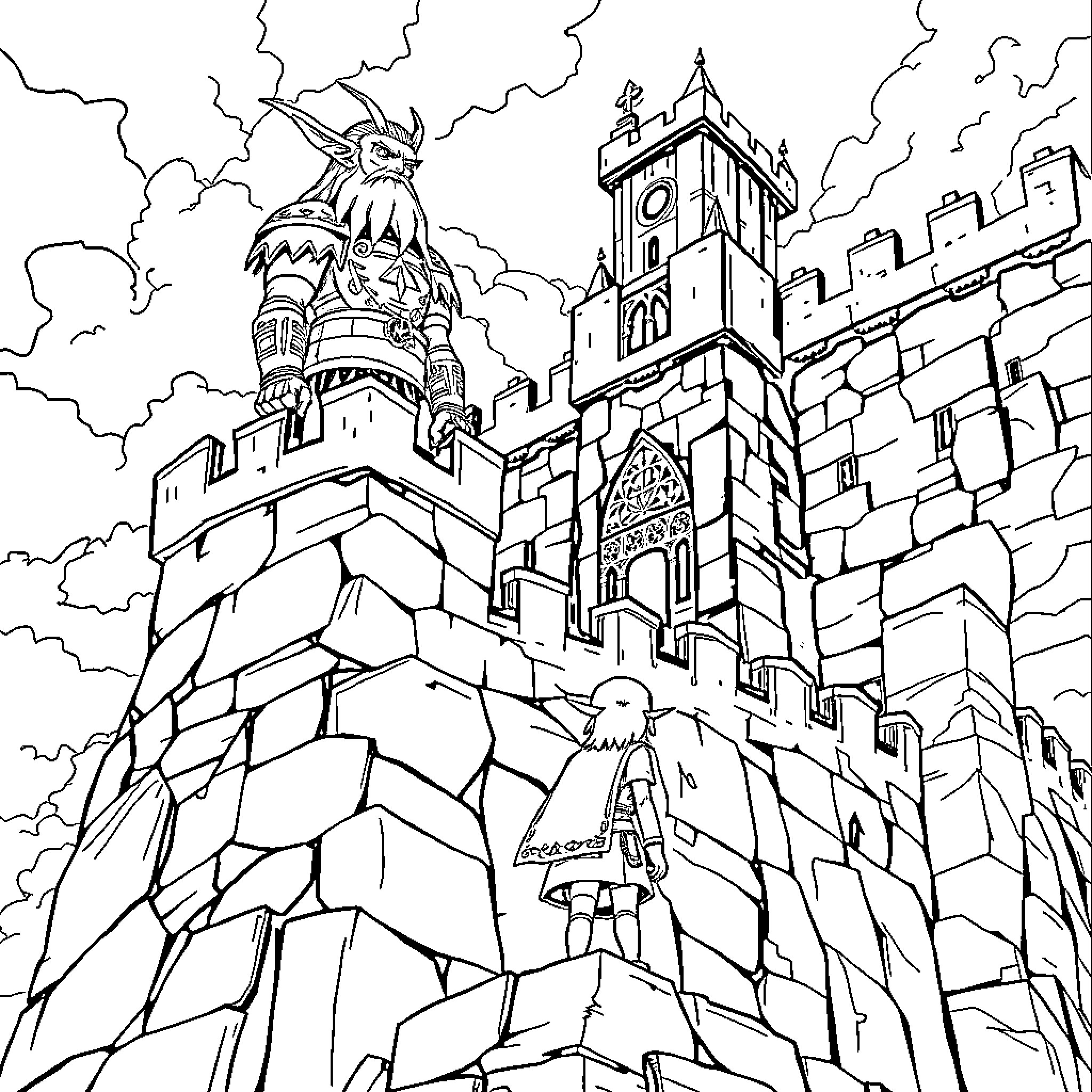 Ganondorf's Ominous Fortress Looms Large Coloring Page (free black-and-white line drawing printable PDF for all, from beginners to advanced learners, including children, teens, adults, and seniors)