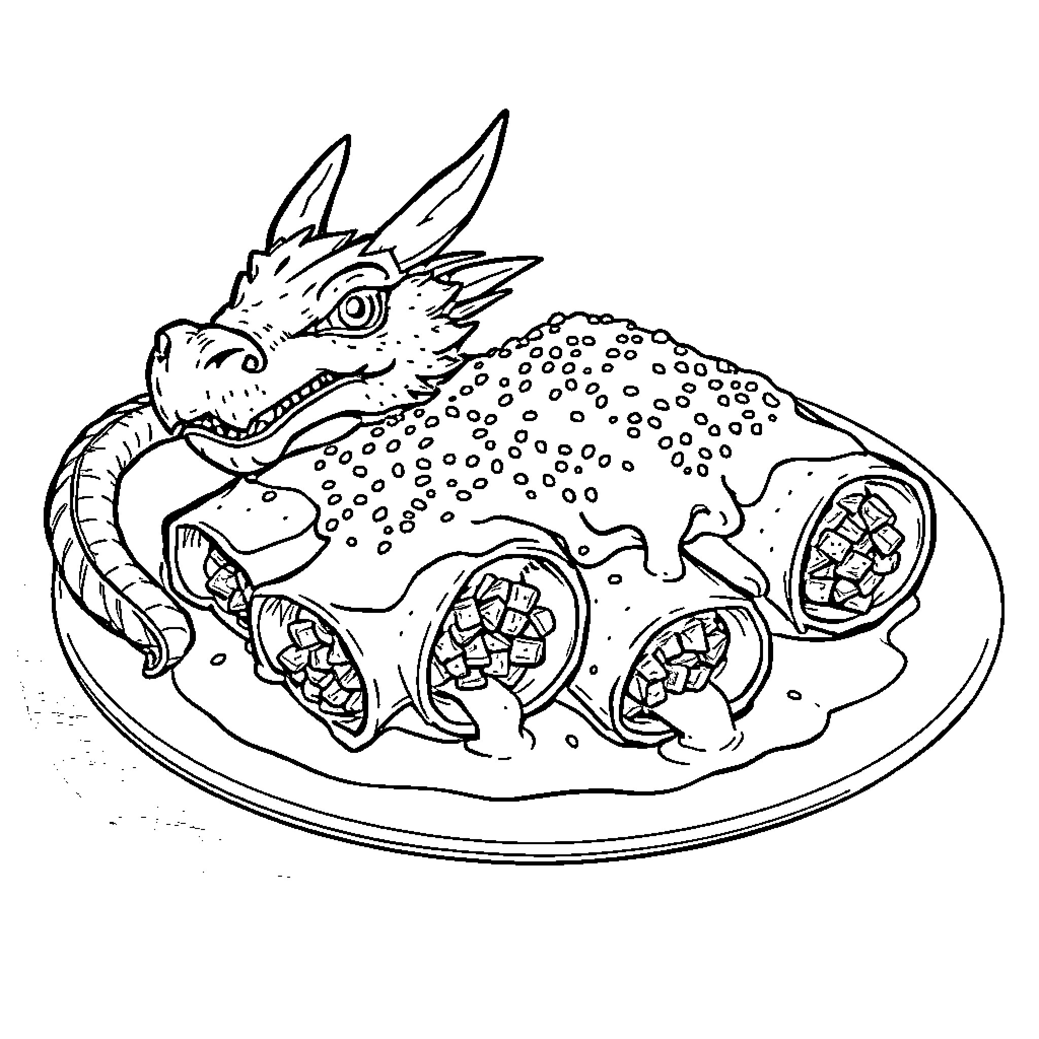 Dragon Feasting on Fantastical Delicacies Coloring Page (free black-and-white line drawing printable PDF for all, from beginners to advanced learners, including children, teens, adults, and seniors)