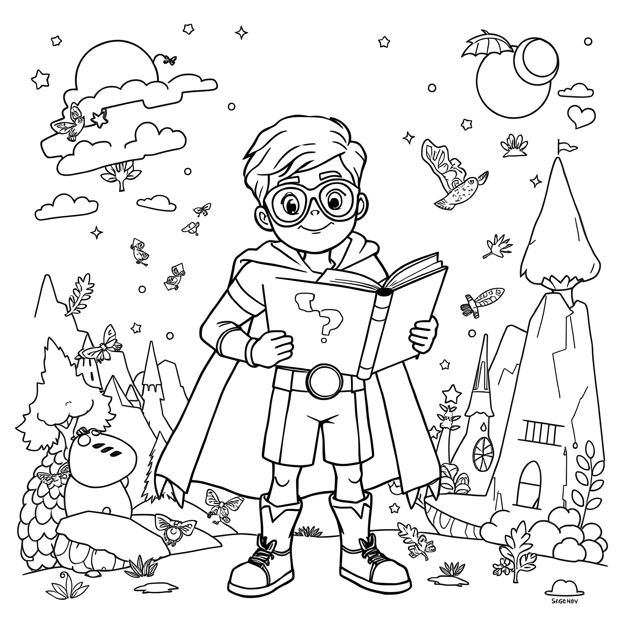 Super Why exploring the enchanted forest with his storybook Coloring Page (free black-and-white line drawing printable PDF for all, from beginners to advanced learners, including children, teens, adults, and seniors)