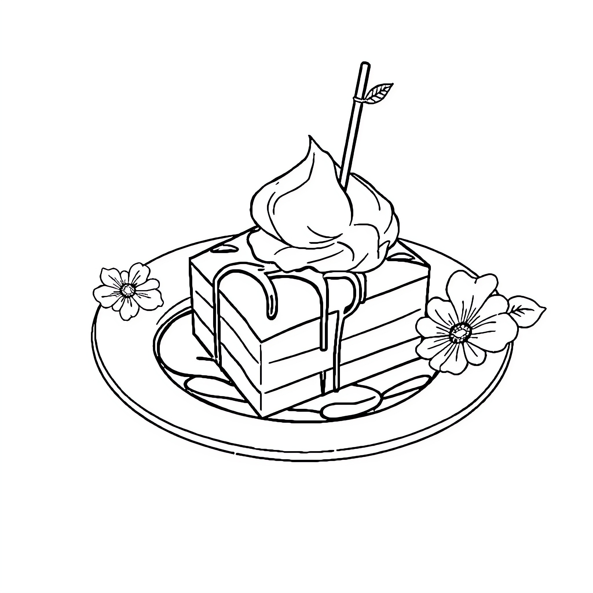 Dessert with Floral Accents Coloring Page (free black-and-white line drawing printable PDF for all, from beginners to advanced learners, including children, teens, adults, and seniors)