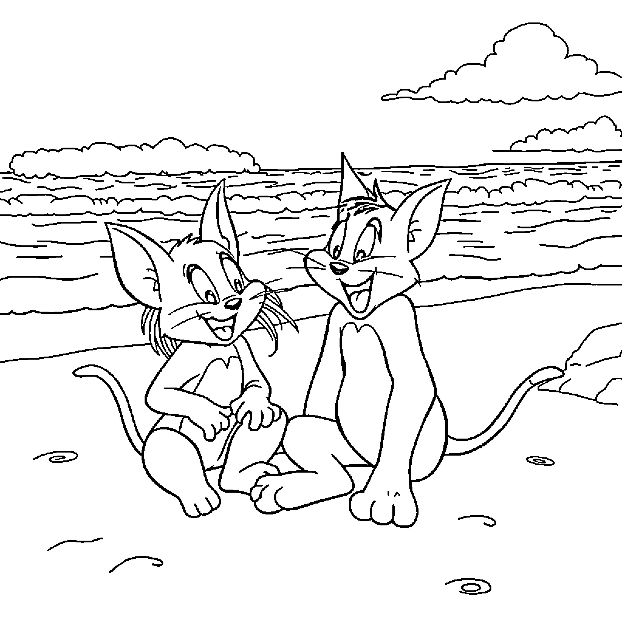 Ariana Grande's animated cats playing on the beach Coloring Page (free black-and-white line drawing printable PDF for all, from beginners to advanced learners, including children, teens, adults, and seniors)
