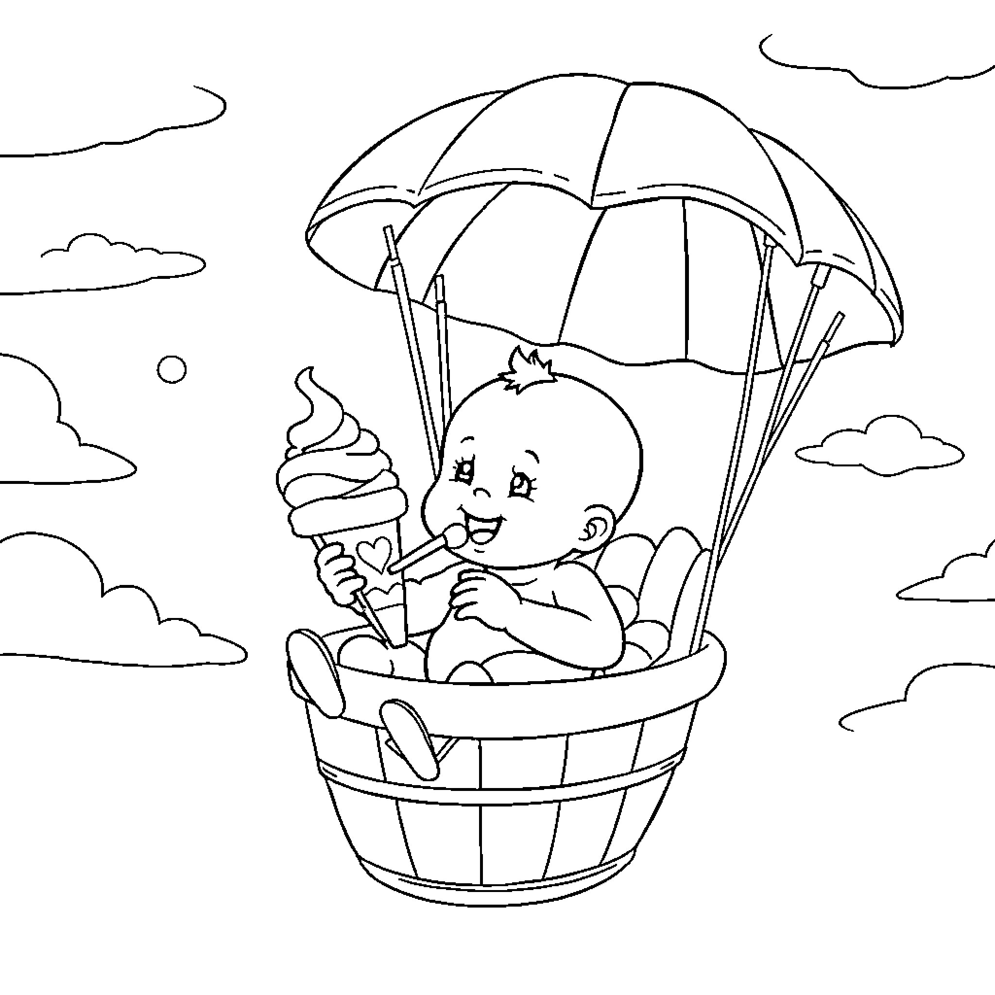 Bebe floating in a basket with a parachute Coloring Page (free black-and-white line drawing printable PDF for all, from beginners to advanced learners, including children, teens, adults, and seniors)