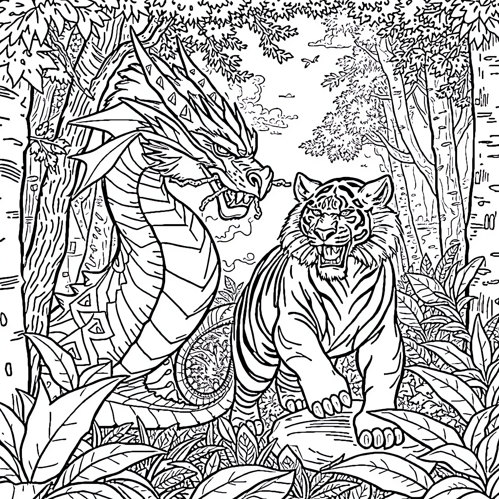 Dragon and Tiger in Mystical Forest Coloring Page (free black-and-white line drawing printable PDF for all, from beginners to advanced learners, including children, teens, adults, and seniors)