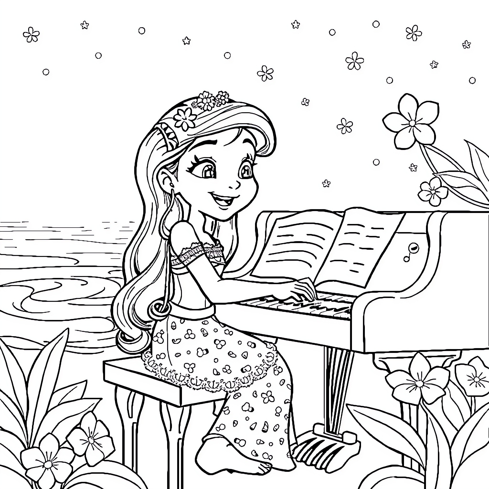 Moana Playing Piano in a Floral Garden Coloring Page (free black-and-white line drawing printable PDF for all, from beginners to advanced learners, including children, teens, adults, and seniors)