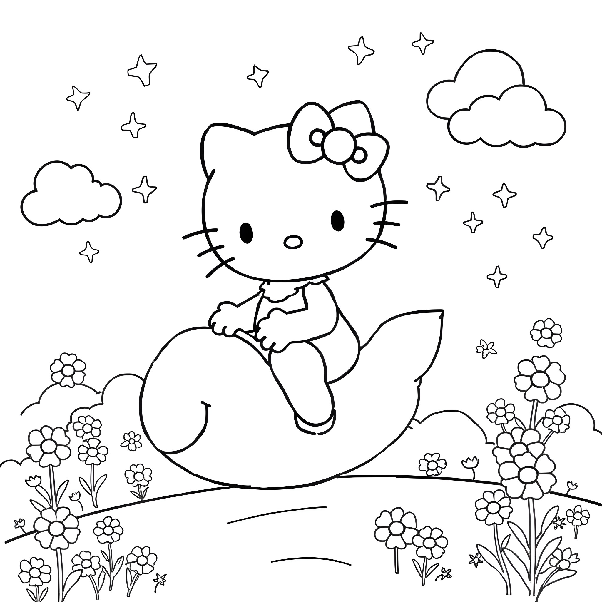 Hello Kitty enjoying a starry night in a flowery meadow Coloring Page (free black-and-white line drawing printable PDF for all, from beginners to advanced learners, including children, teens, adults, and seniors)