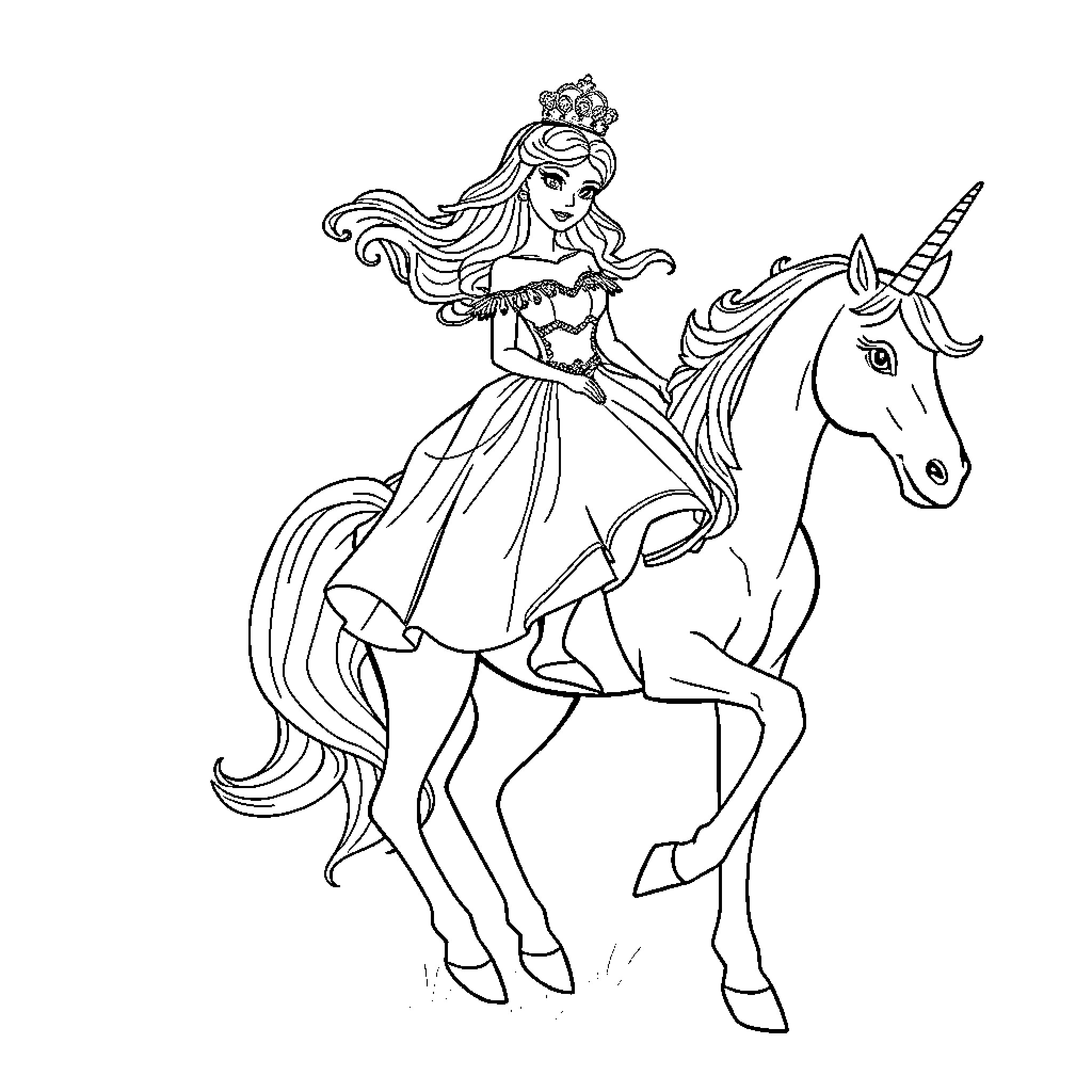 Princess riding a majestic unicorn Coloring Page (free black-and-white line drawing printable PDF for all, from beginners to advanced learners, including children, teens, adults, and seniors)