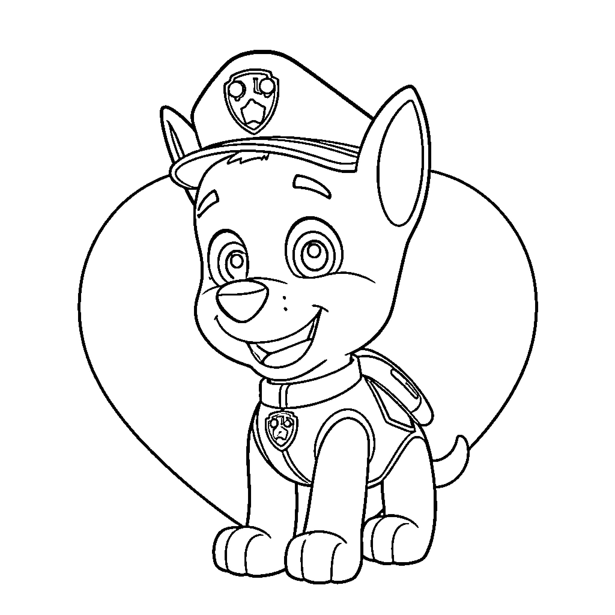 Chase the Pup's Patrol Adventure Coloring Page (free black-and-white line drawing printable PDF for all, from beginners to advanced learners, including children, teens, adults, and seniors)