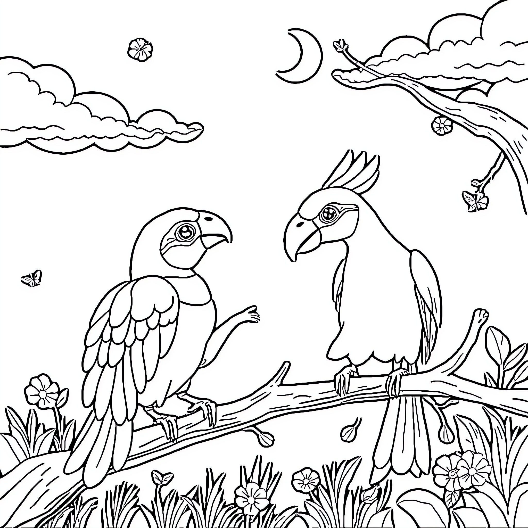 Animal friends perched on a branch under night sky Coloring Page (free black-and-white line drawing printable PDF for all, from beginners to advanced learners, including children, teens, adults, and seniors)