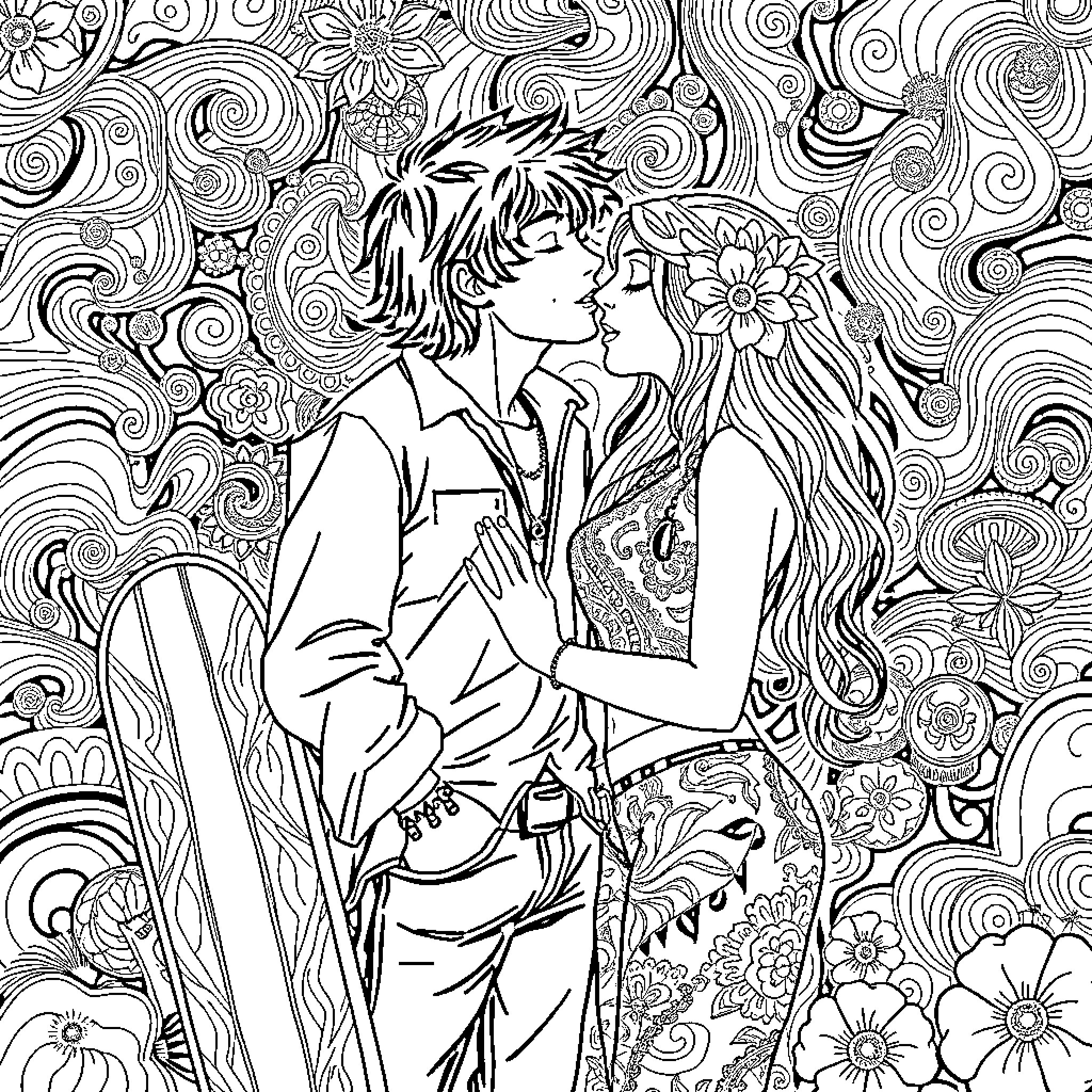Couple embracing amidst floral patterns Coloring Page (free black-and-white line drawing printable PDF for all, from beginners to advanced learners, including children, teens, adults, and seniors)
