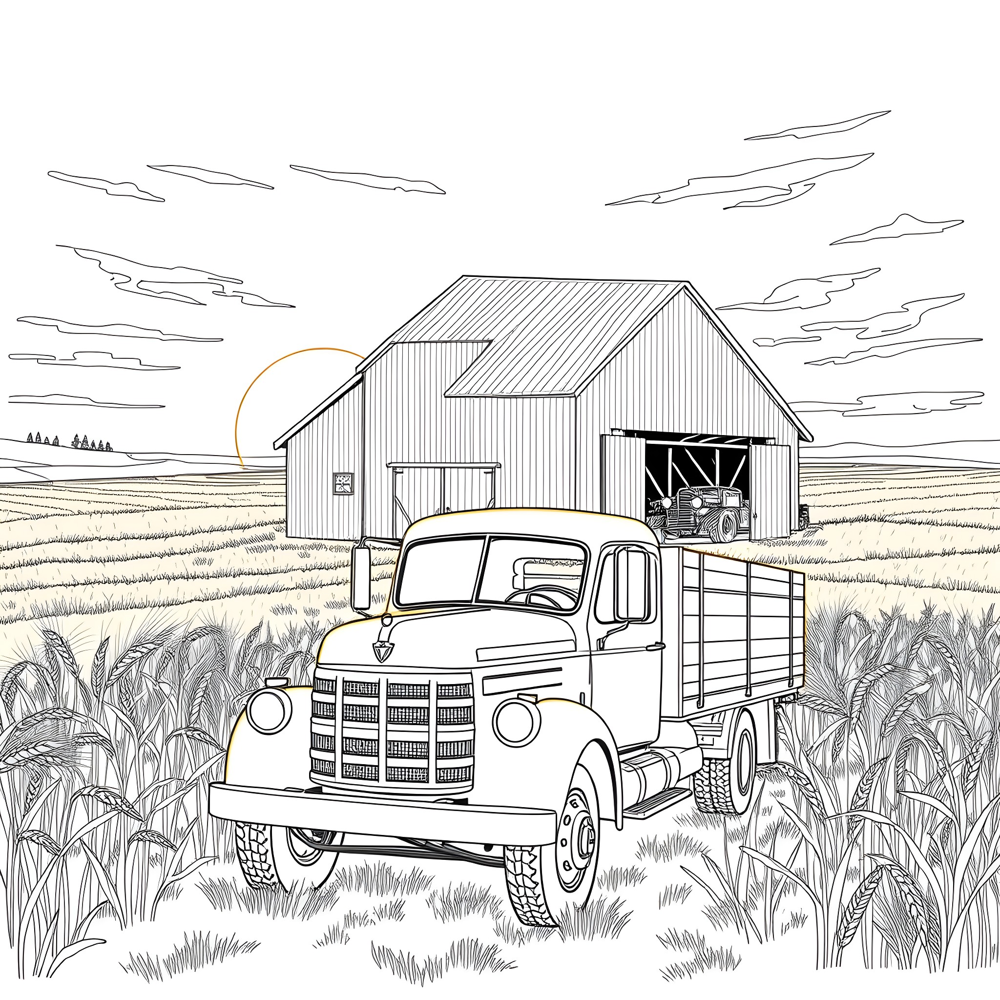 Pickup truck transporting goods near the barn Coloring Page (free black-and-white line drawing printable PDF for all, from beginners to advanced learners, including children, teens, adults, and seniors)
