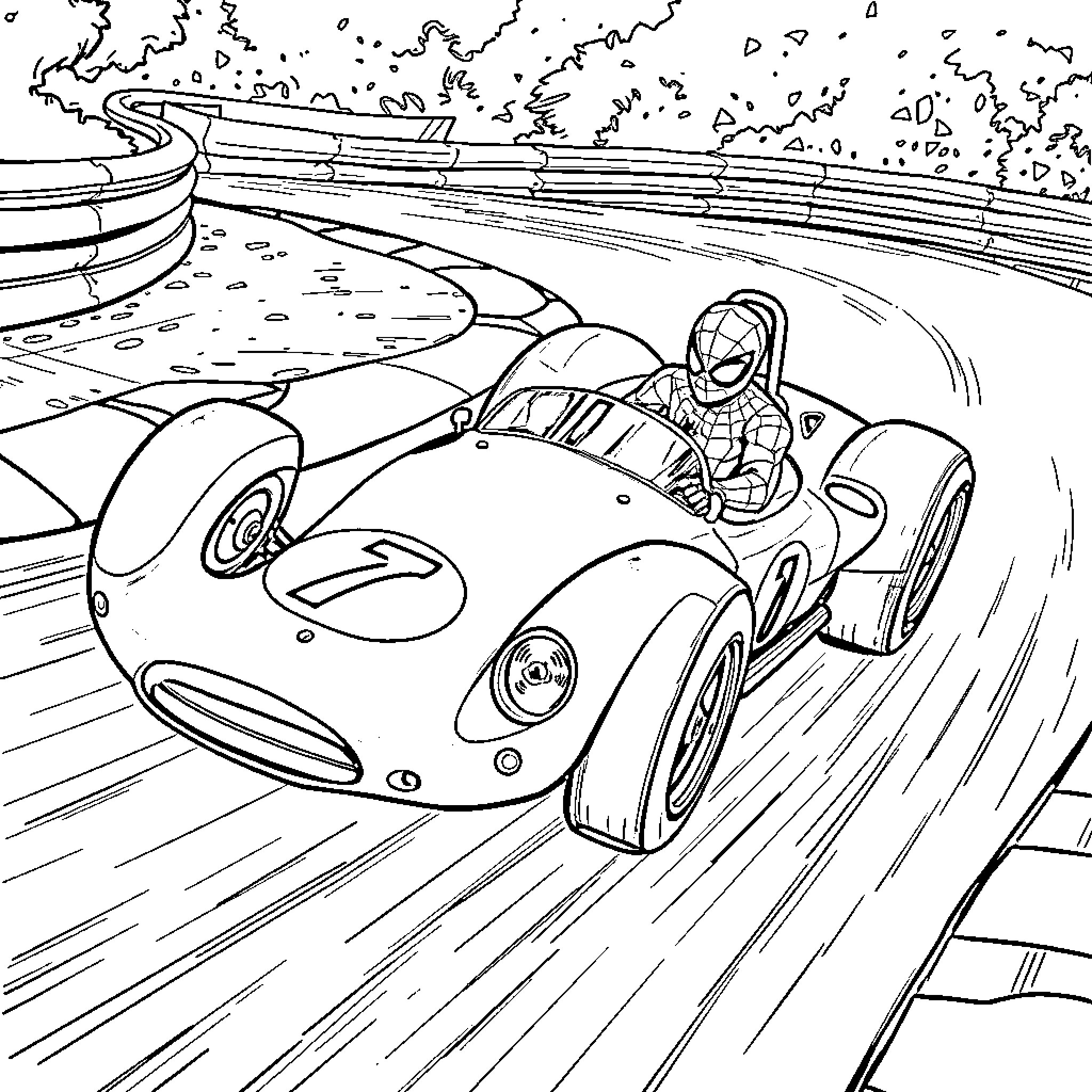 Spiderman racing in a high-speed sports car Coloring Page (free black-and-white line drawing printable PDF for all, from beginners to advanced learners, including children, teens, adults, and seniors)