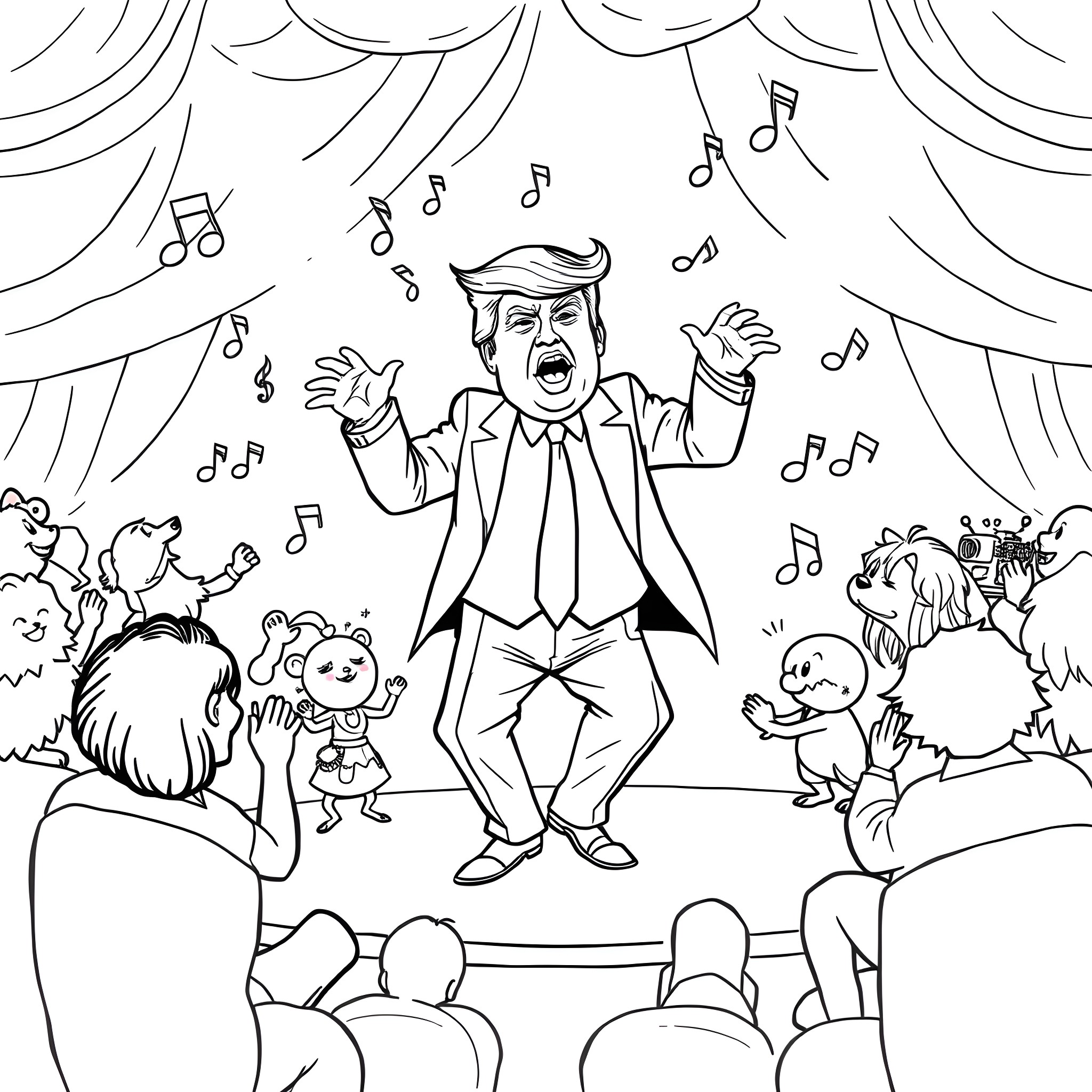 Donald Trump Performing on Stage with Animals Coloring Page (free black-and-white line drawing printable PDF for all, from beginners to advanced learners, including children, teens, adults, and seniors)