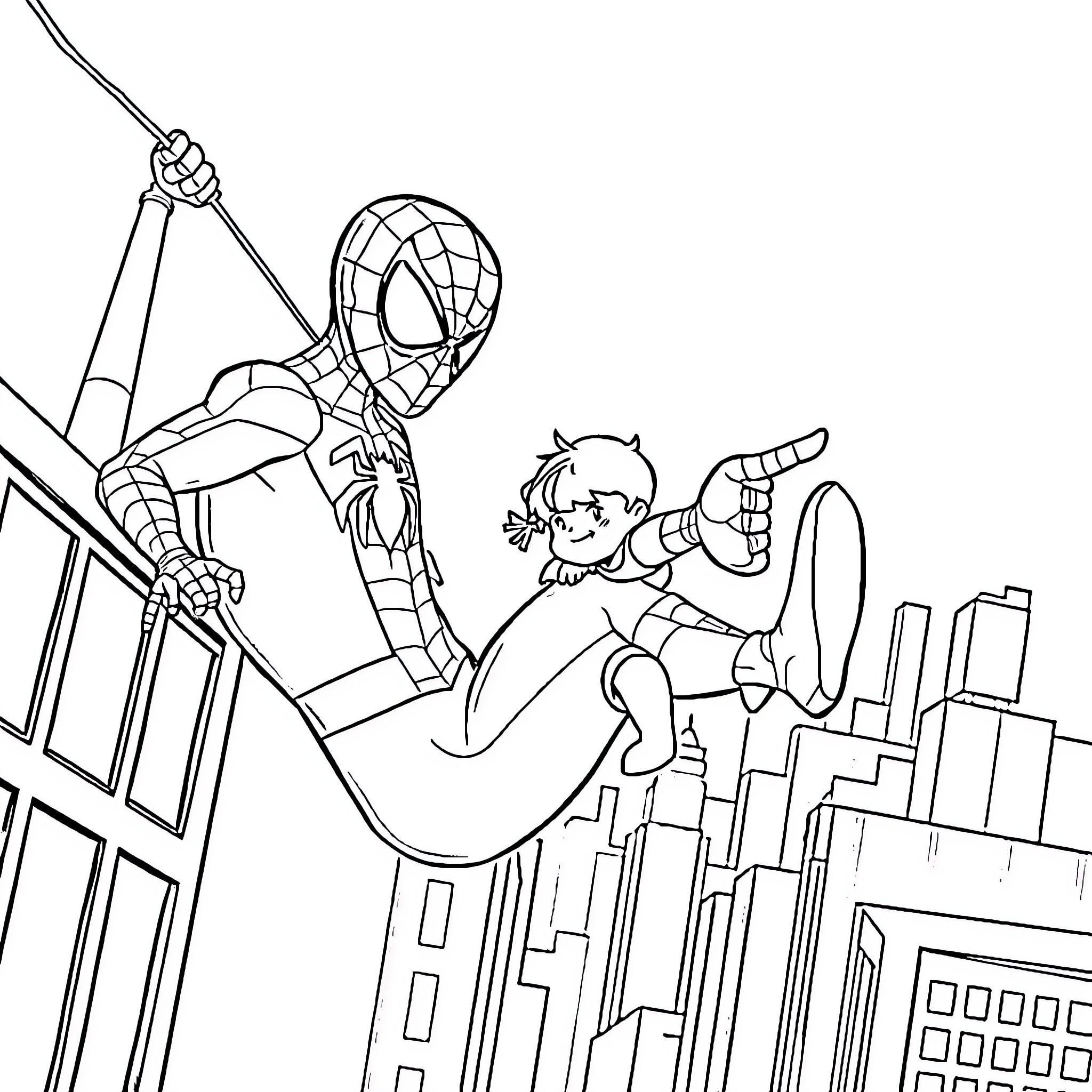 Spider-Man swinging through the city with a sidekick Coloring Page (free black-and-white line drawing printable PDF for all, from beginners to advanced learners, including children, teens, adults, and seniors)