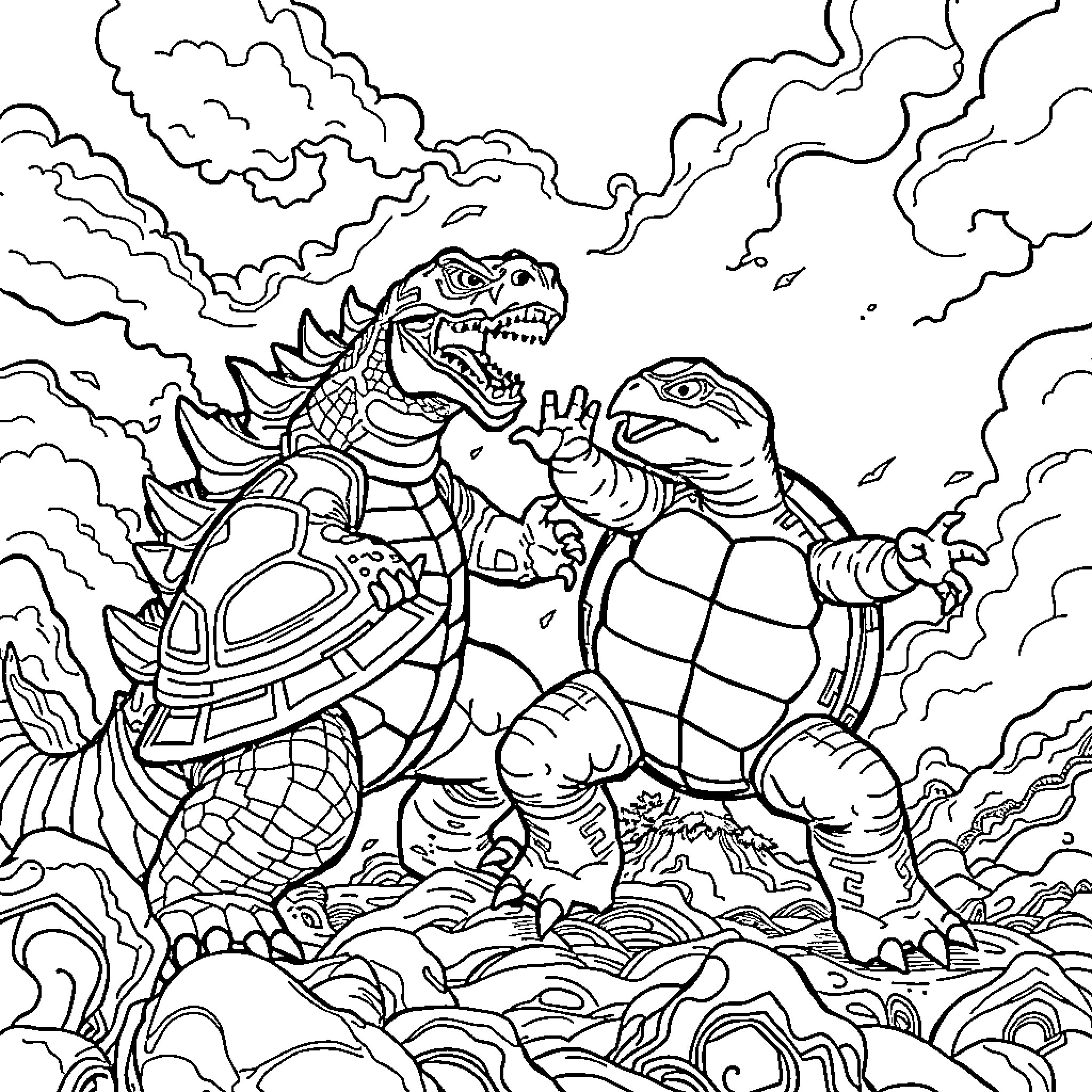 Turtles in an epic battle amid the clouds Coloring Page (free black-and-white line drawing printable PDF for all, from beginners to advanced learners, including children, teens, adults, and seniors)