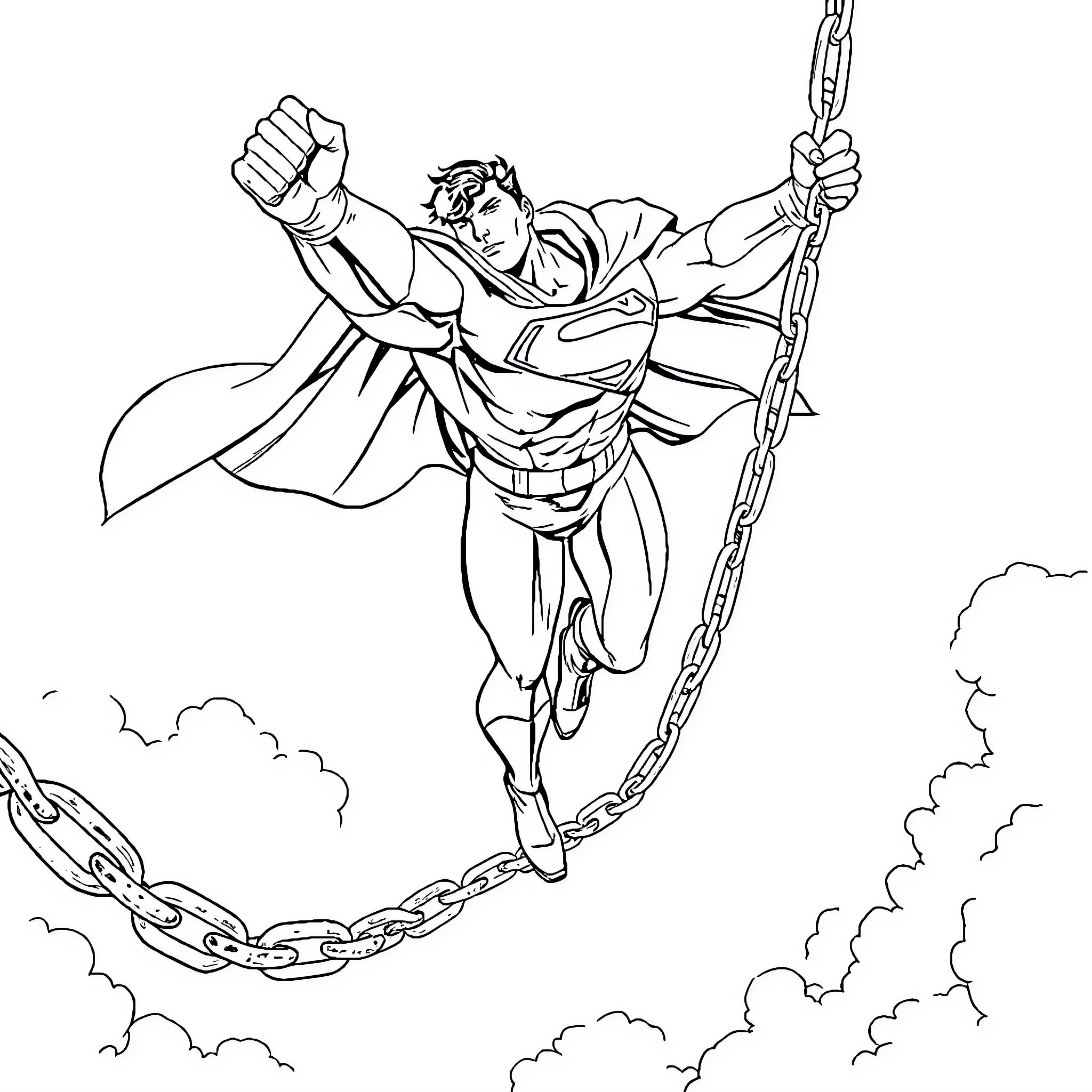 Superman soaring through the sky with mighty strength Coloring Page (free black-and-white line drawing printable PDF for all, from beginners to advanced learners, including children, teens, adults, and seniors)