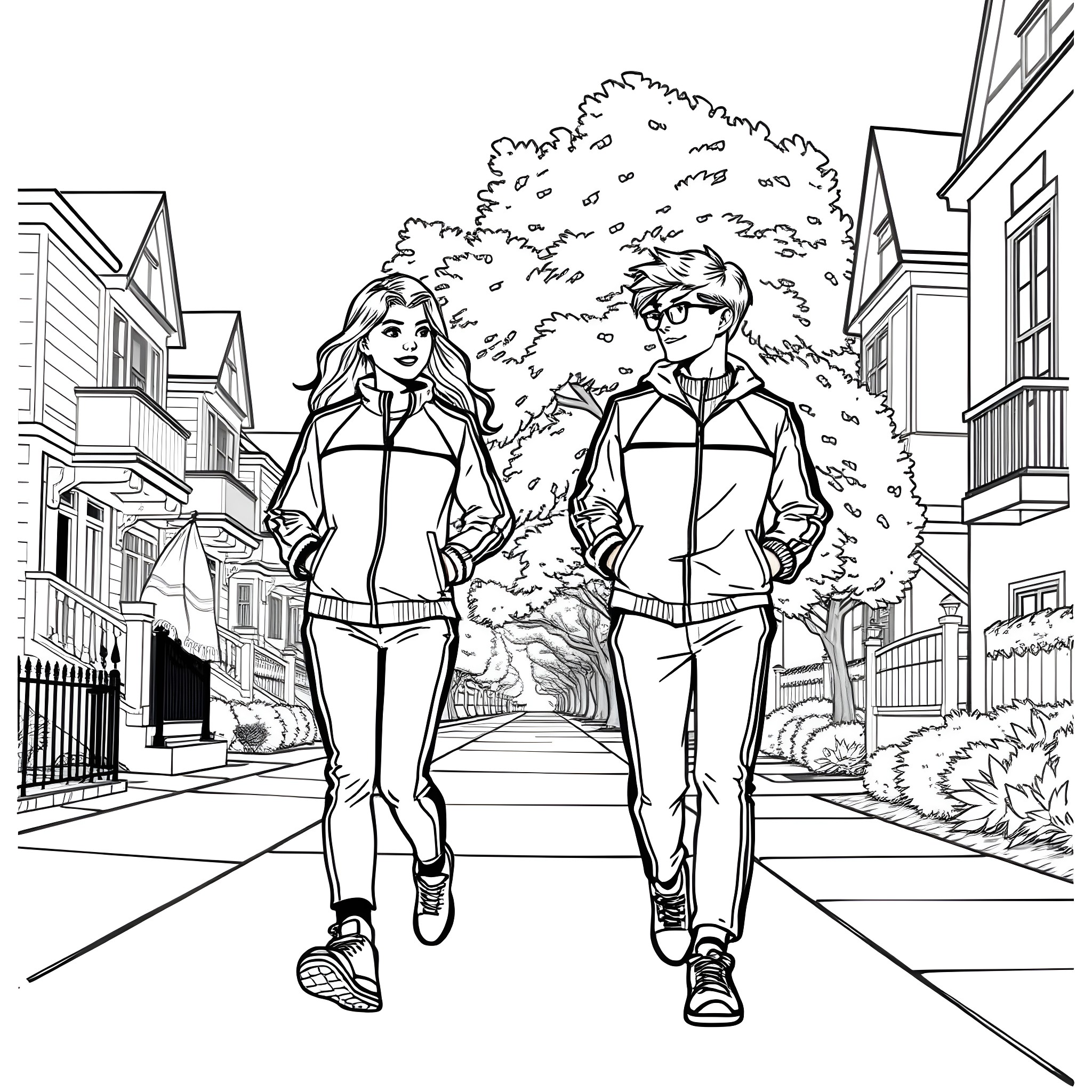 Pre-teen couple walking together on the street Coloring Page (free black-and-white line drawing printable PDF for all, from beginners to advanced learners, including children, teens, adults, and seniors)