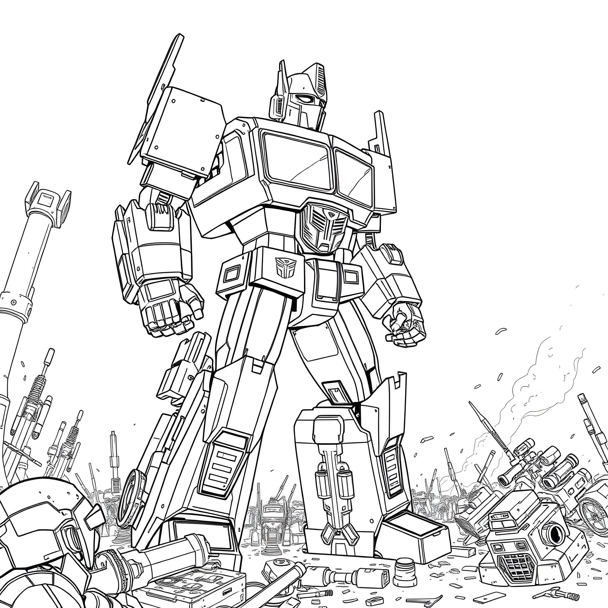Optimus Prime leading the Autobots in an epic battle Coloring Page (free black-and-white line drawing printable PDF for all, from beginners to advanced learners, including children, teens, adults, and seniors)