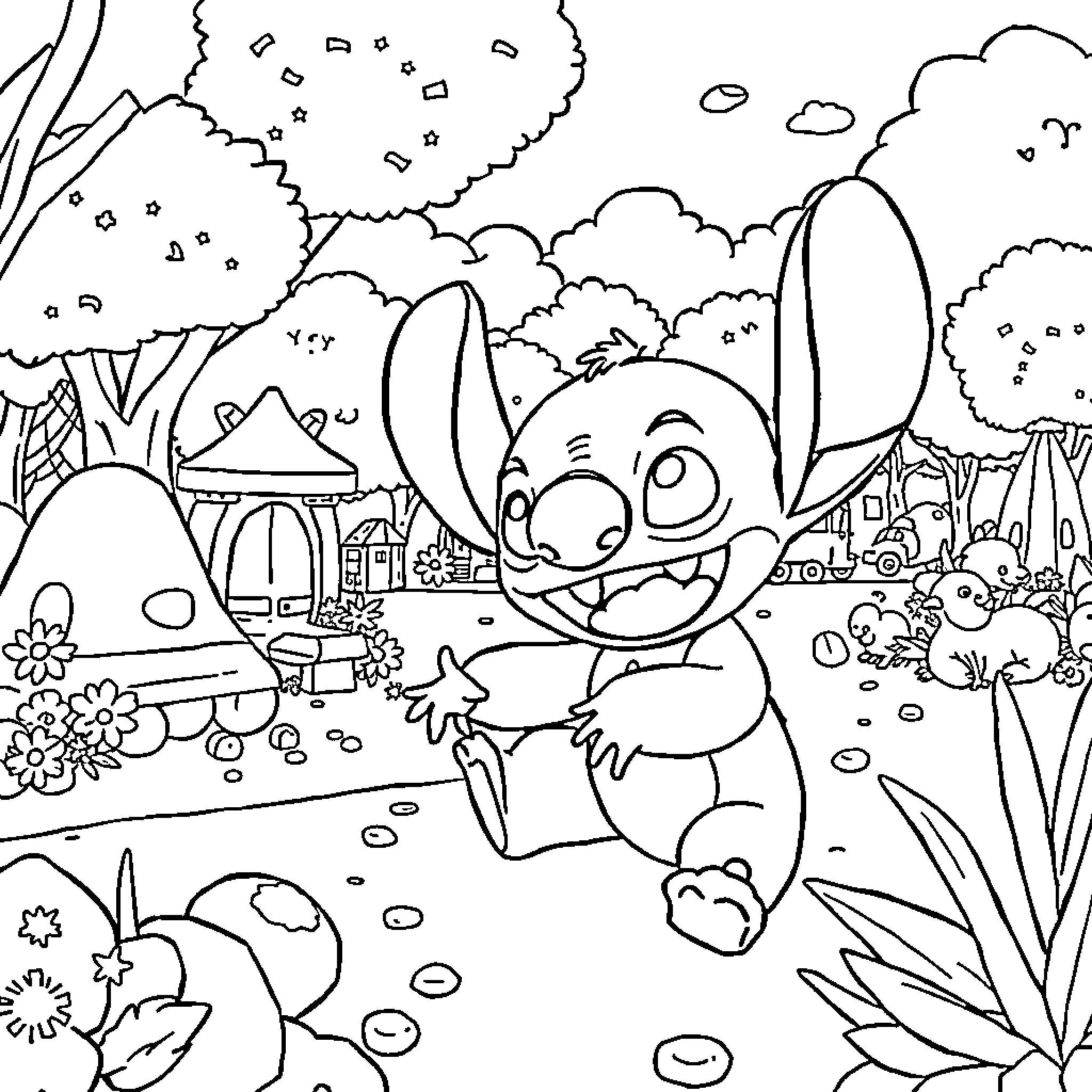Stitch enjoying a nature-filled adventure Coloring Page (free black-and-white line drawing printable PDF for all, from beginners to advanced learners, including children, teens, adults, and seniors)