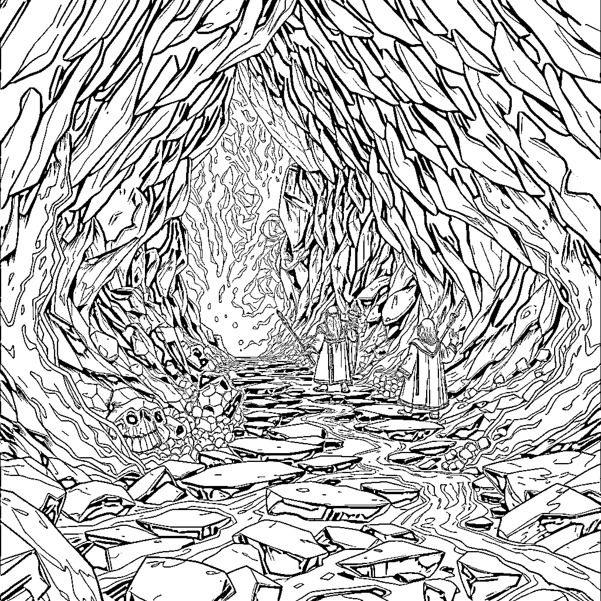 Hobbit traversing through a mysterious and whimsical landscape Coloring Page (free black-and-white line drawing printable PDF for all, from beginners to advanced learners, including children, teens, adults, and seniors)