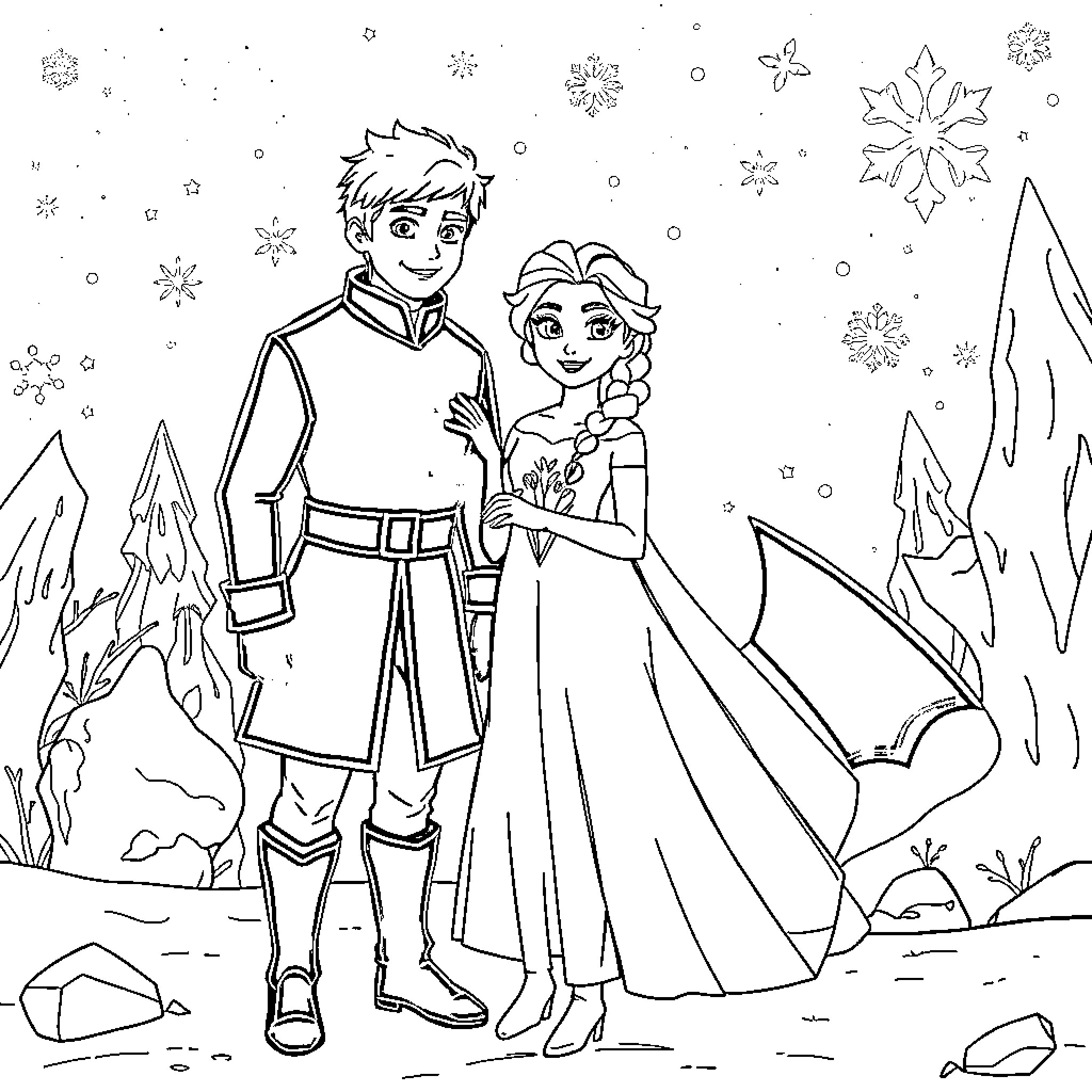 Elsa and Kristoff in a wintry wonderland Coloring Page (free black-and-white line drawing printable PDF for all, from beginners to advanced learners, including children, teens, adults, and seniors)