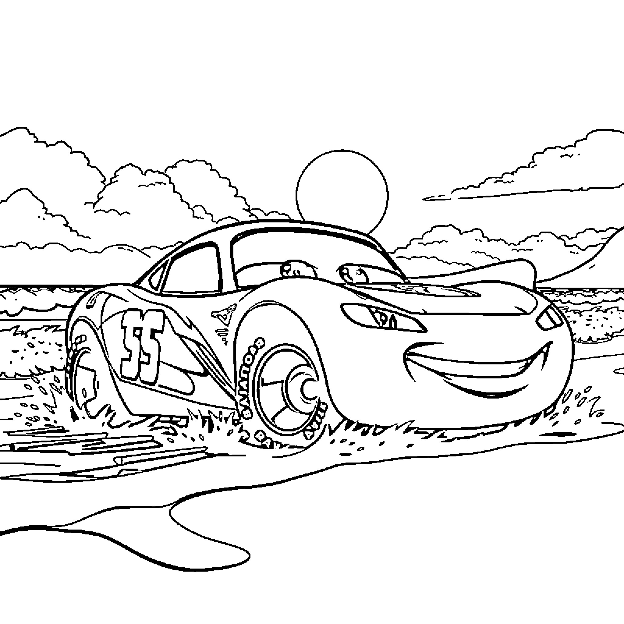 Rayo McQueen speeding through the desert landscape Coloring Page (free black-and-white line drawing printable PDF for all, from beginners to advanced learners, including children, teens, adults, and seniors)