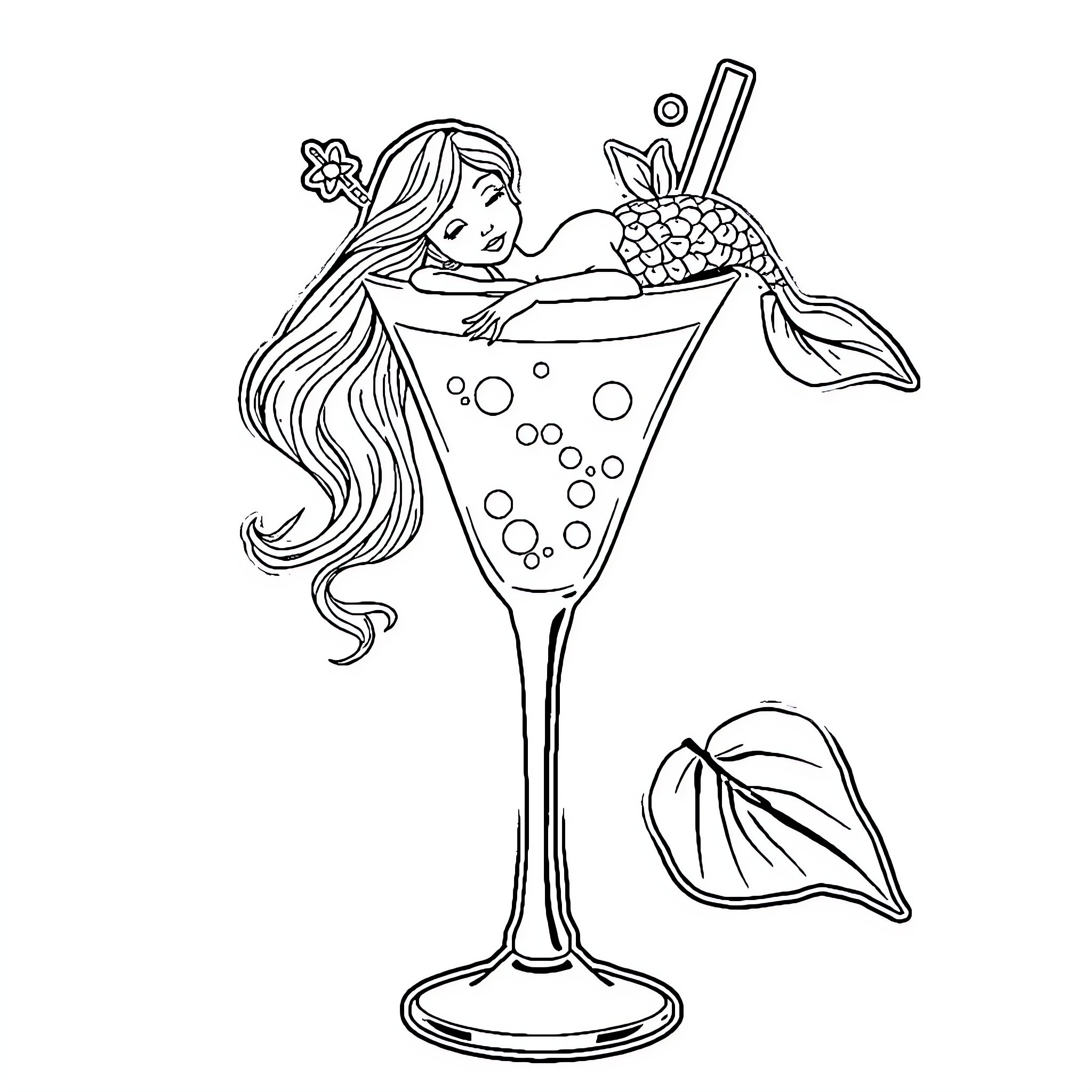 Mermaid relaxing in a cocktail glass Coloring Page (free black-and-white line drawing printable PDF for all, from beginners to advanced learners, including children, teens, adults, and seniors)