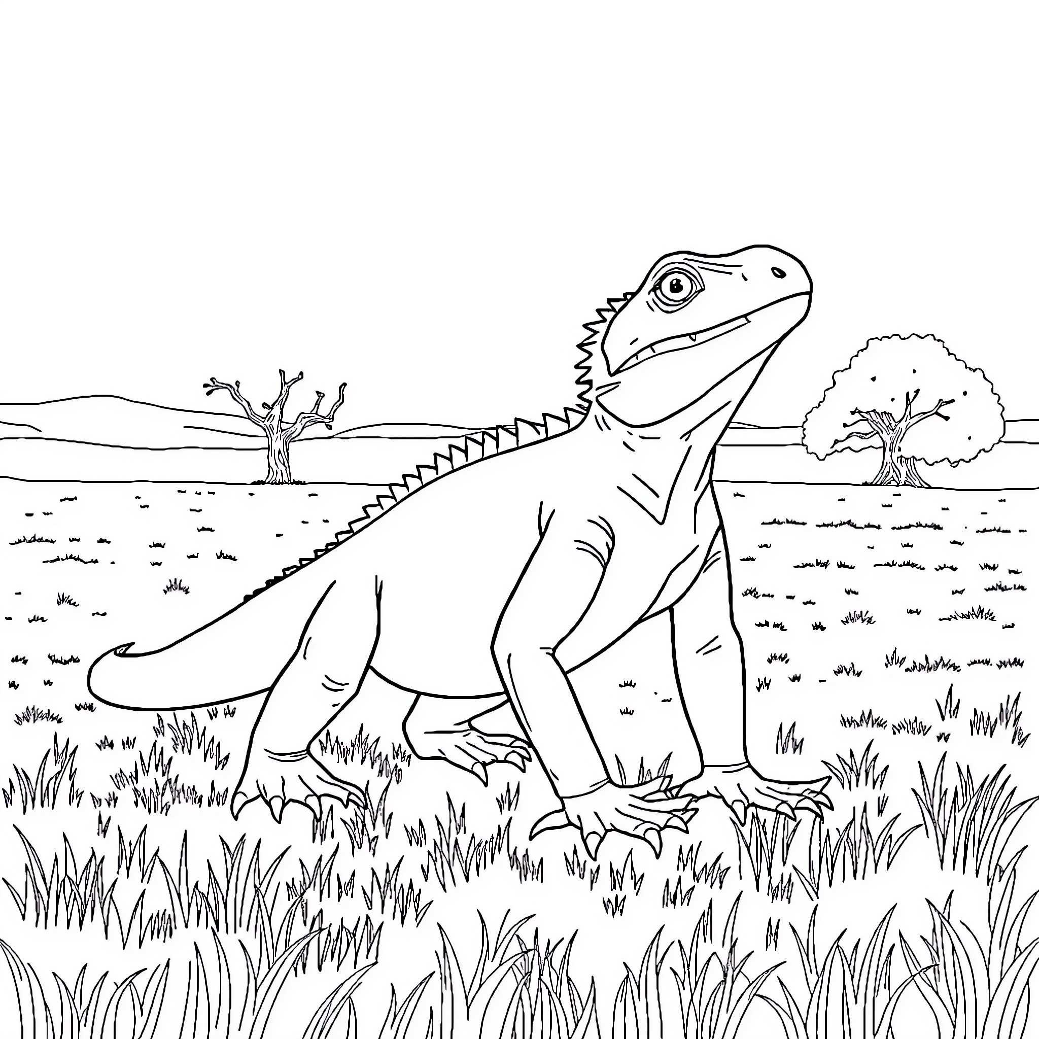 Komodo Dragon walking in the wild landscape Coloring Page (free black-and-white line drawing printable PDF for all, from beginners to advanced learners, including children, teens, adults, and seniors)