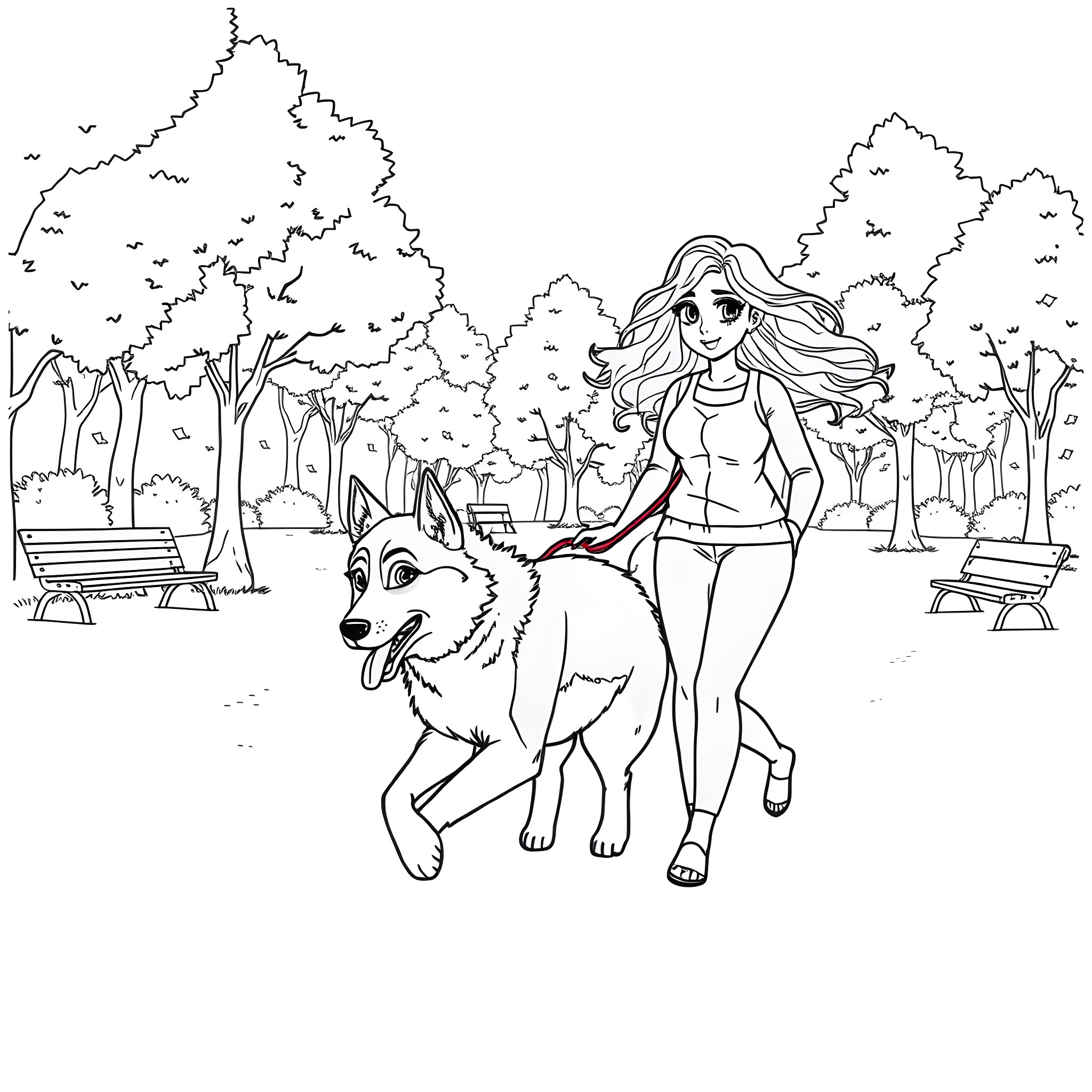Husky and girl enjoying outdoor adventure Coloring Page (free black-and-white line drawing printable PDF for all, from beginners to advanced learners, including children, teens, adults, and seniors)