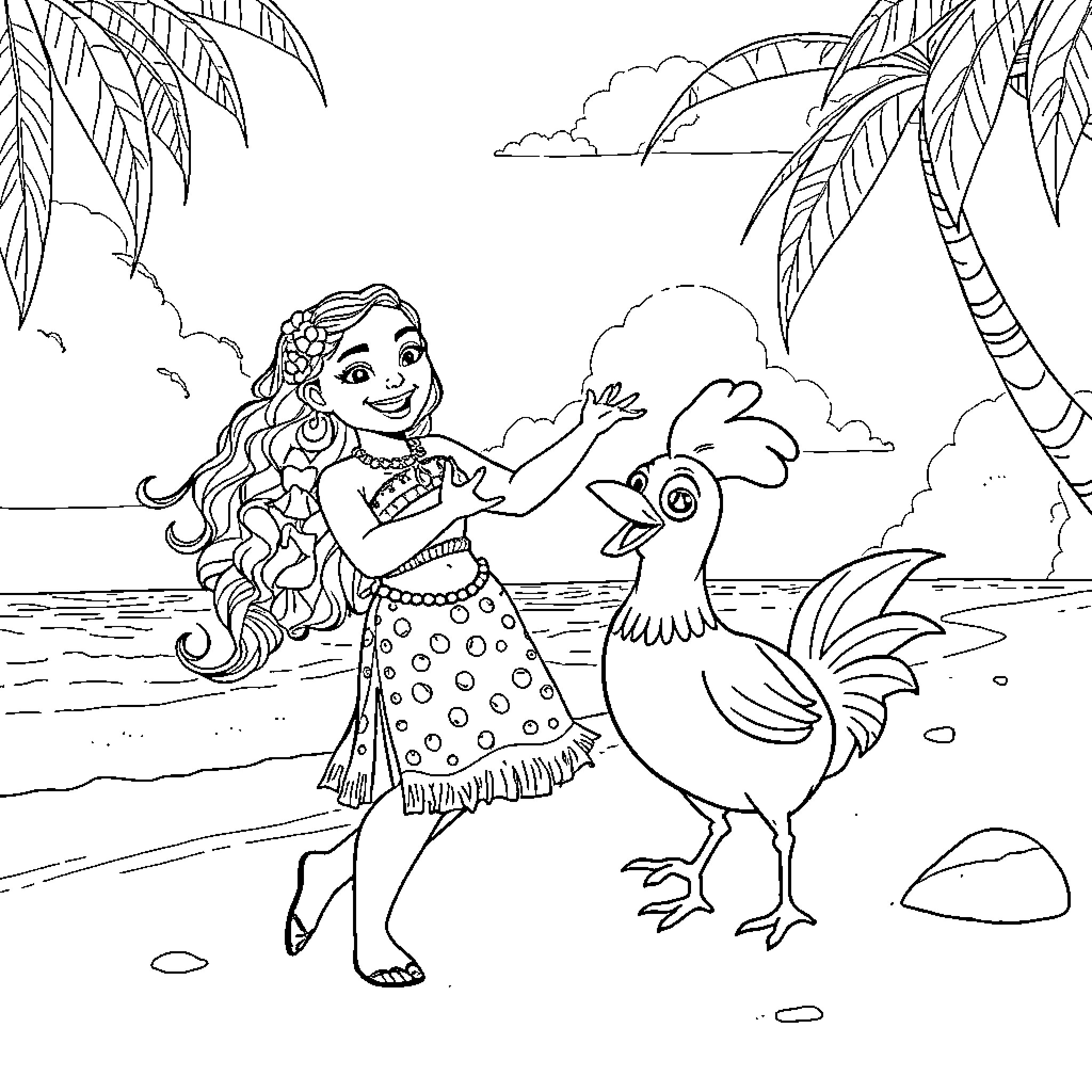 Moana interacting playfully with a rooster on the beach Coloring Page (free black-and-white line drawing printable PDF for all, from beginners to advanced learners, including children, teens, adults, and seniors)