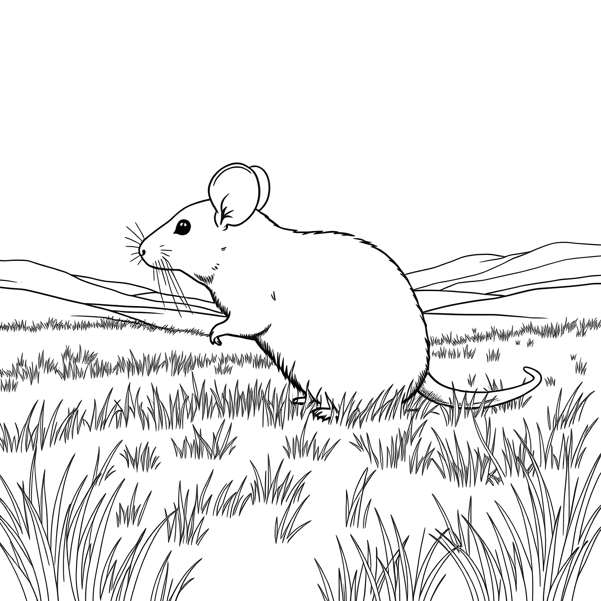 Mouse exploring the grassy meadow Coloring Page (free black-and-white line drawing printable PDF for all, from beginners to advanced learners, including children, teens, adults, and seniors)