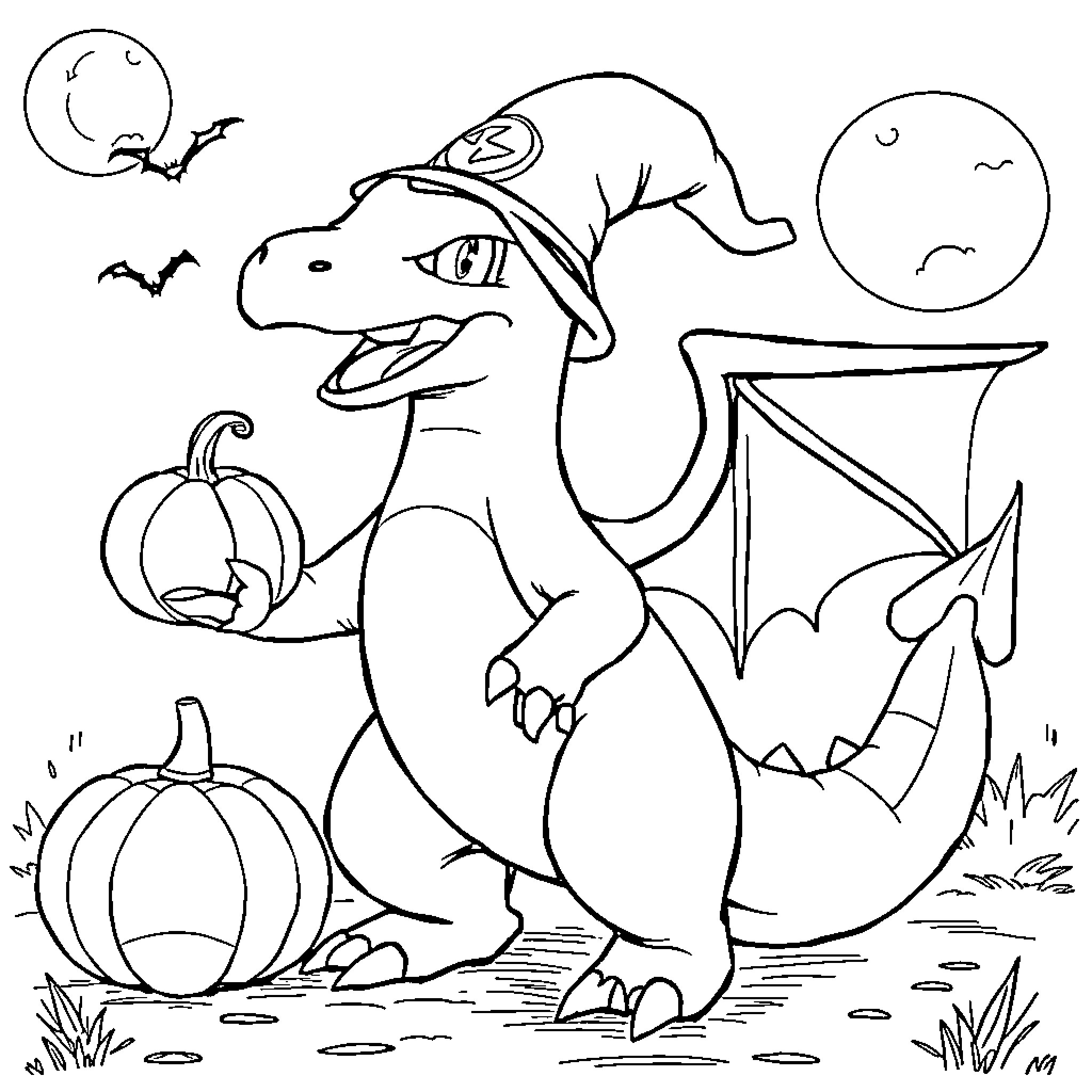 Charizard enjoying a Halloween scene with pumpkins Coloring Page (free black-and-white line drawing printable PDF for all, from beginners to advanced learners, including children, teens, adults, and seniors)