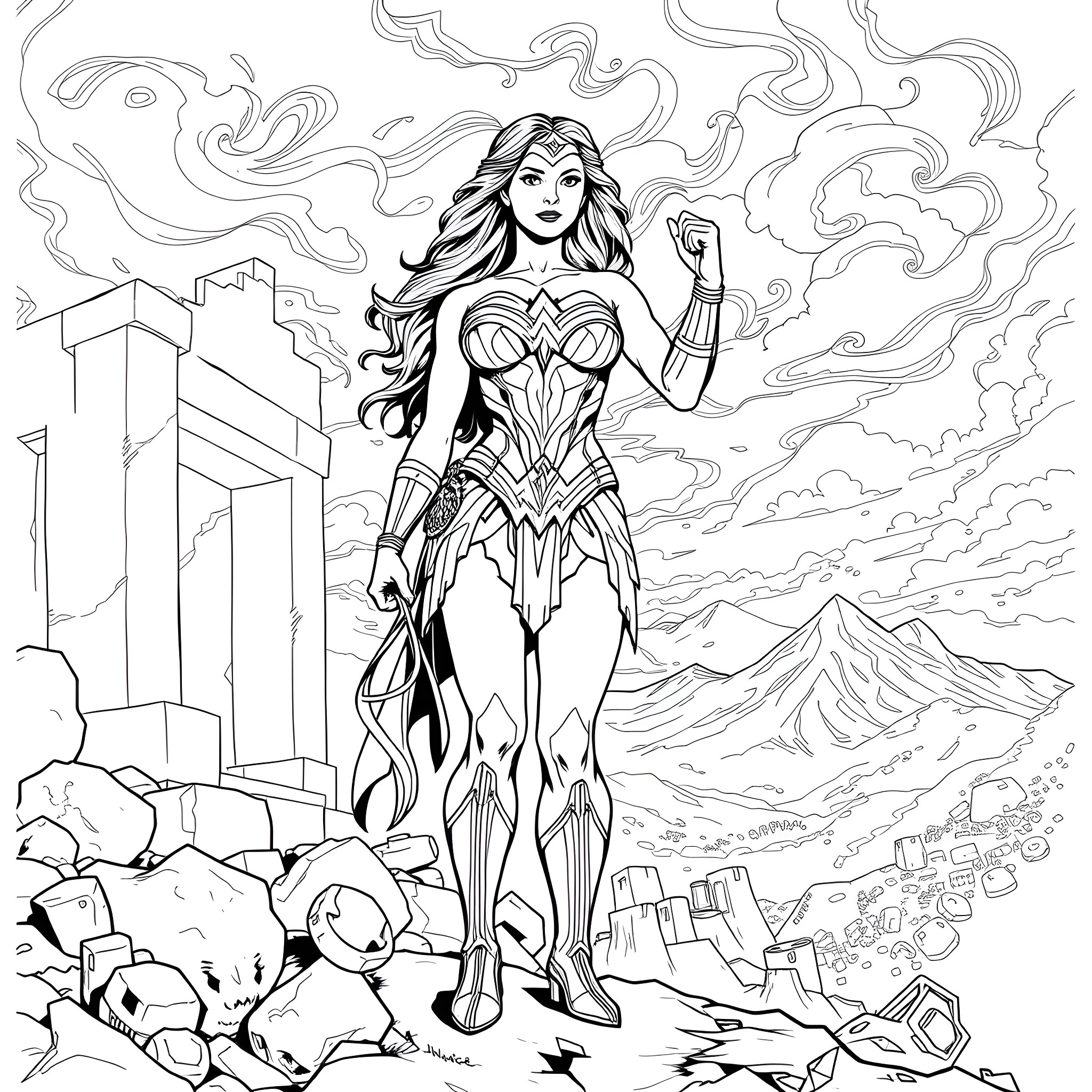 Wonder Woman stands tall and powerful in a dramatic cityscape Coloring Page (free black-and-white line drawing printable PDF for all, from beginners to advanced learners, including children, teens, adults, and seniors)