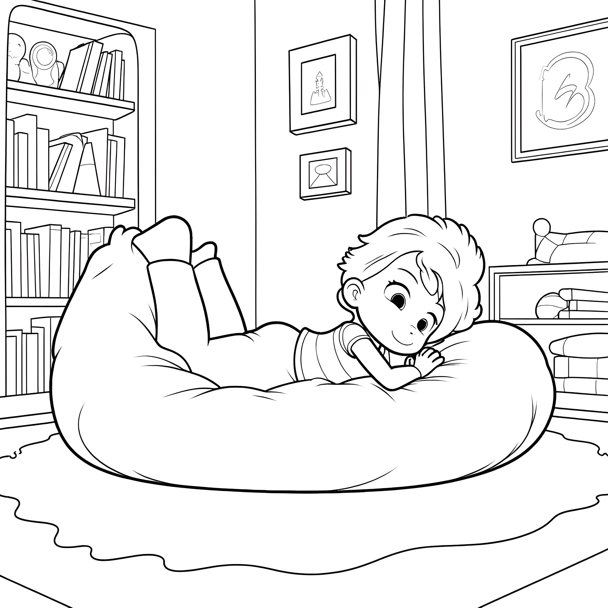 Boy relaxing comfortably in his room Coloring Page (free black-and-white line drawing printable PDF for all, from beginners to advanced learners, including children, teens, adults, and seniors)