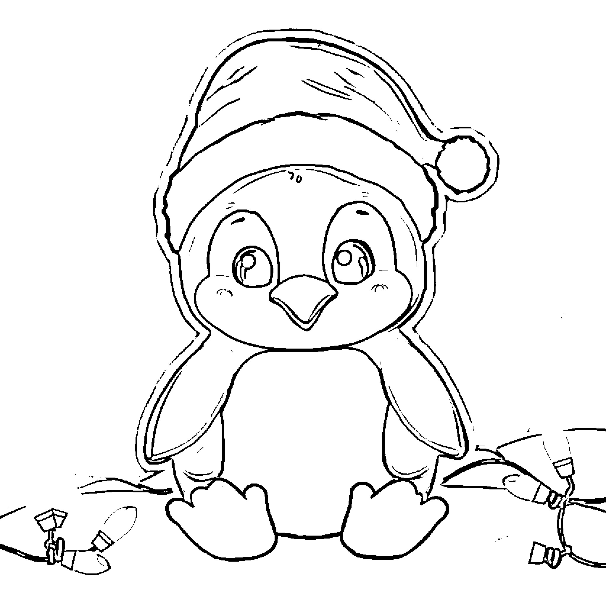 Penguin wearing a winter hat and sitting Coloring Page (free black-and-white line drawing printable PDF for all, from beginners to advanced learners, including children, teens, adults, and seniors)