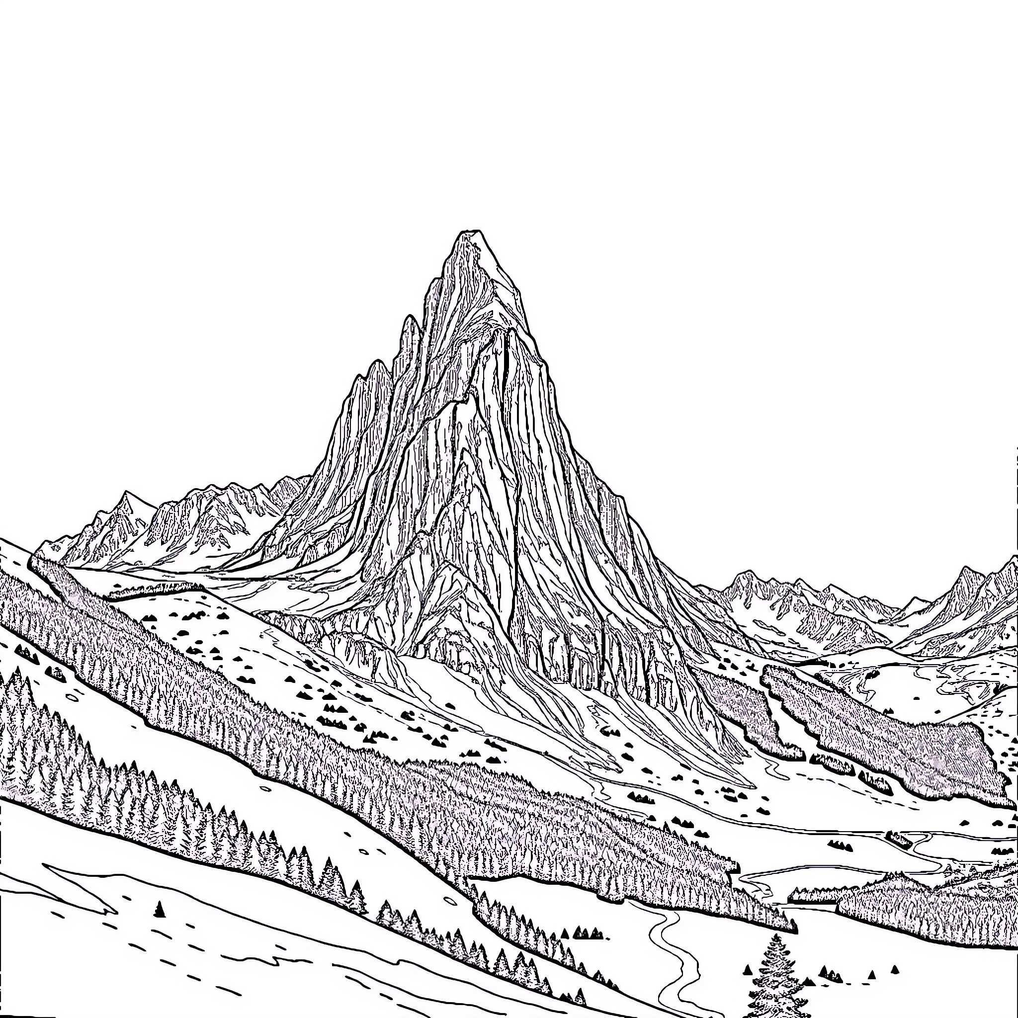 Mountain landscape with winding path and snow-capped peaks Coloring Page (free black-and-white line drawing printable PDF for all, from beginners to advanced learners, including children, teens, adults, and seniors)