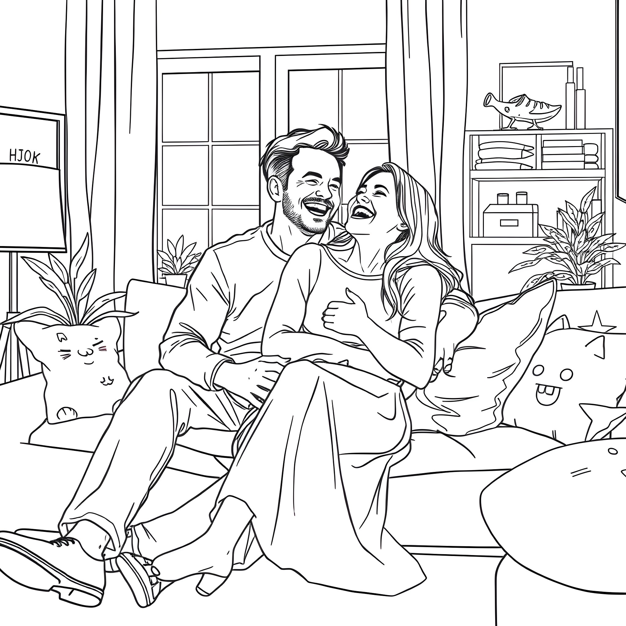 Husband and wife embrace joyfully in cozy home setting Coloring Page (free black-and-white line drawing printable PDF for all, from beginners to advanced learners, including children, teens, adults, and seniors)