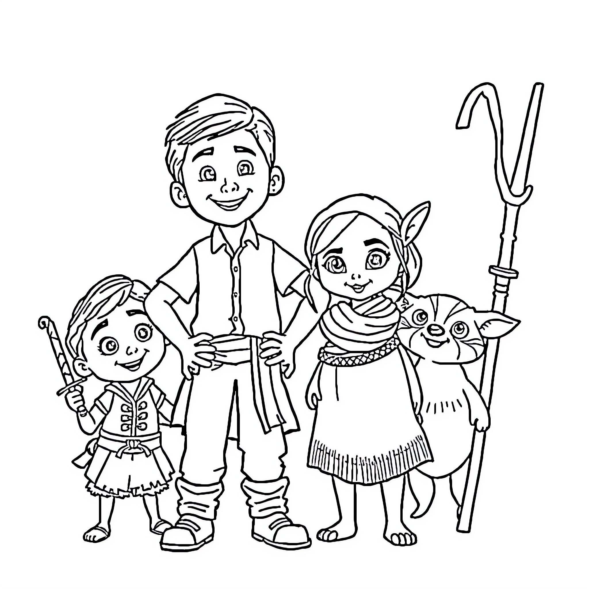 Character family playing and exploring in the outdoors Coloring Page (free black-and-white line drawing printable PDF for all, from beginners to advanced learners, including children, teens, adults, and seniors)