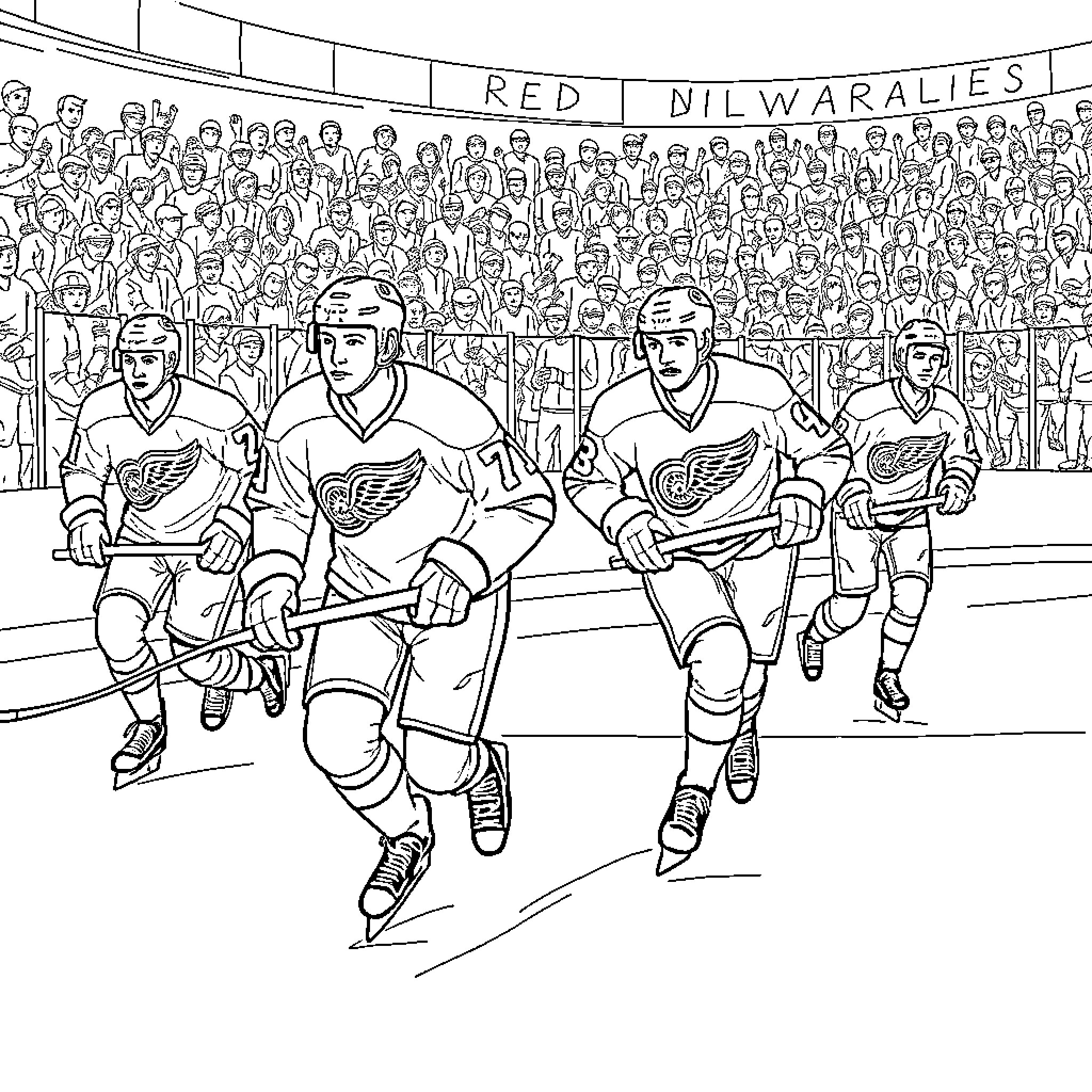 Hockey players in action on the ice with crowd Coloring Page (free black-and-white line drawing printable PDF for all, from beginners to advanced learners, including children, teens, adults, and seniors)