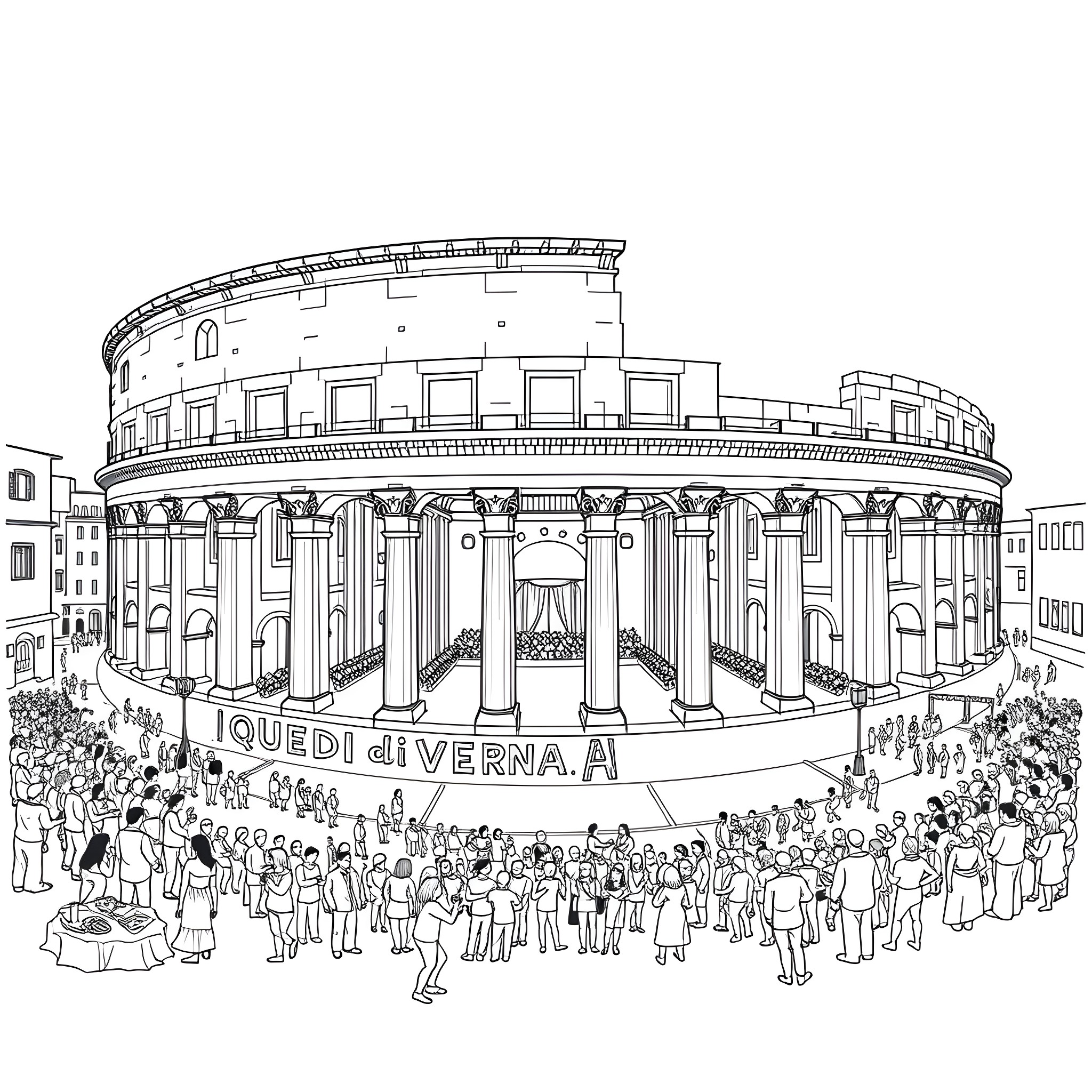 Arena of Crowds, Celebration and Architecture Coloring Page (free black-and-white line drawing printable PDF for all, from beginners to advanced learners, including children, teens, adults, and seniors)