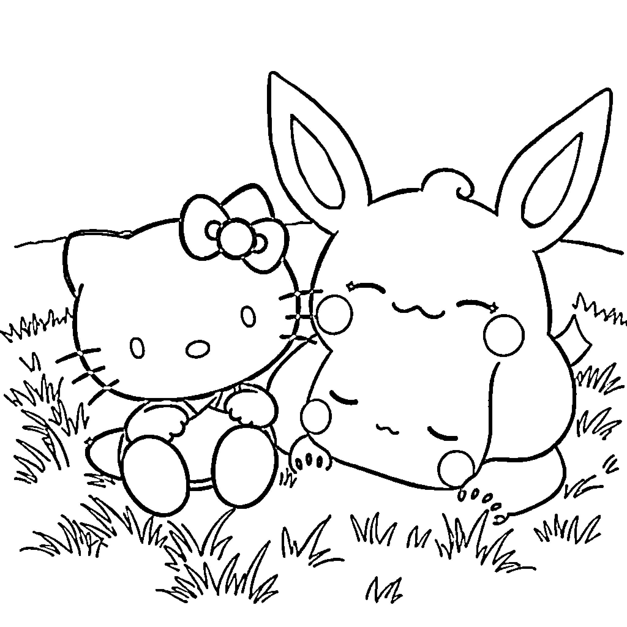 Hello Kitty's Playful Adventure with Bunny Friend Coloring Page (free black-and-white line drawing printable PDF for all, from beginners to advanced learners, including children, teens, adults, and seniors)