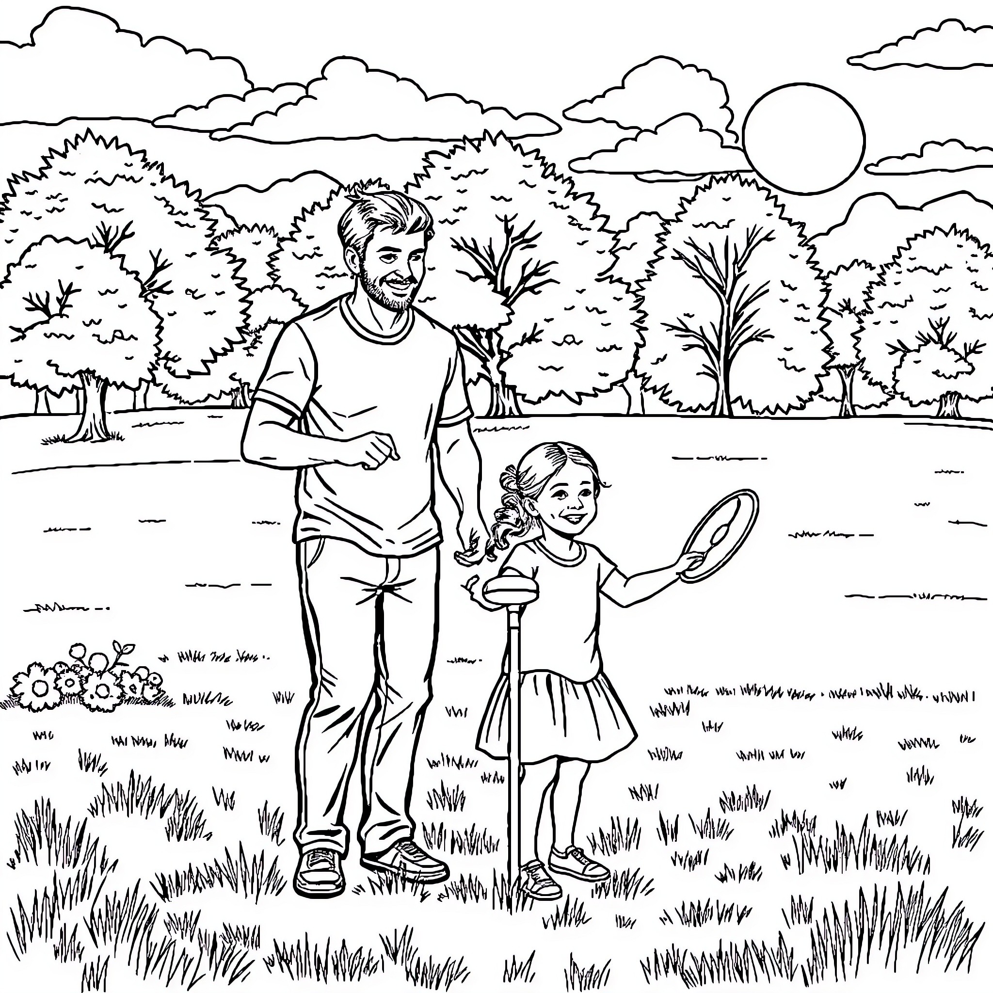Disc Golf Outing with Father and Daughter Coloring Page (free black-and-white line drawing printable PDF for all, from beginners to advanced learners, including children, teens, adults, and seniors)
