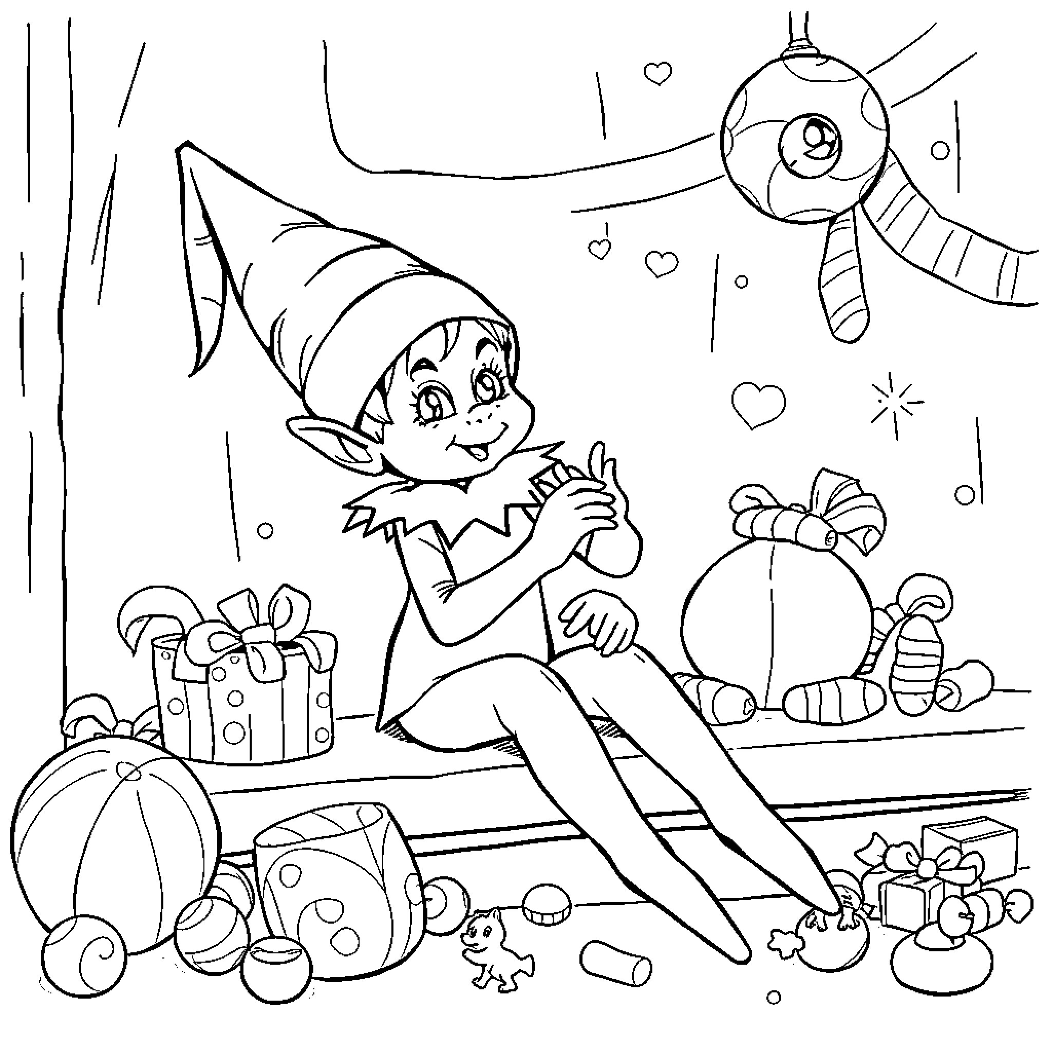 Elf Enjoying Presents and Toys in Winter Wonderland Coloring Page (free black-and-white line drawing printable PDF for all, from beginners to advanced learners, including children, teens, adults, and seniors)