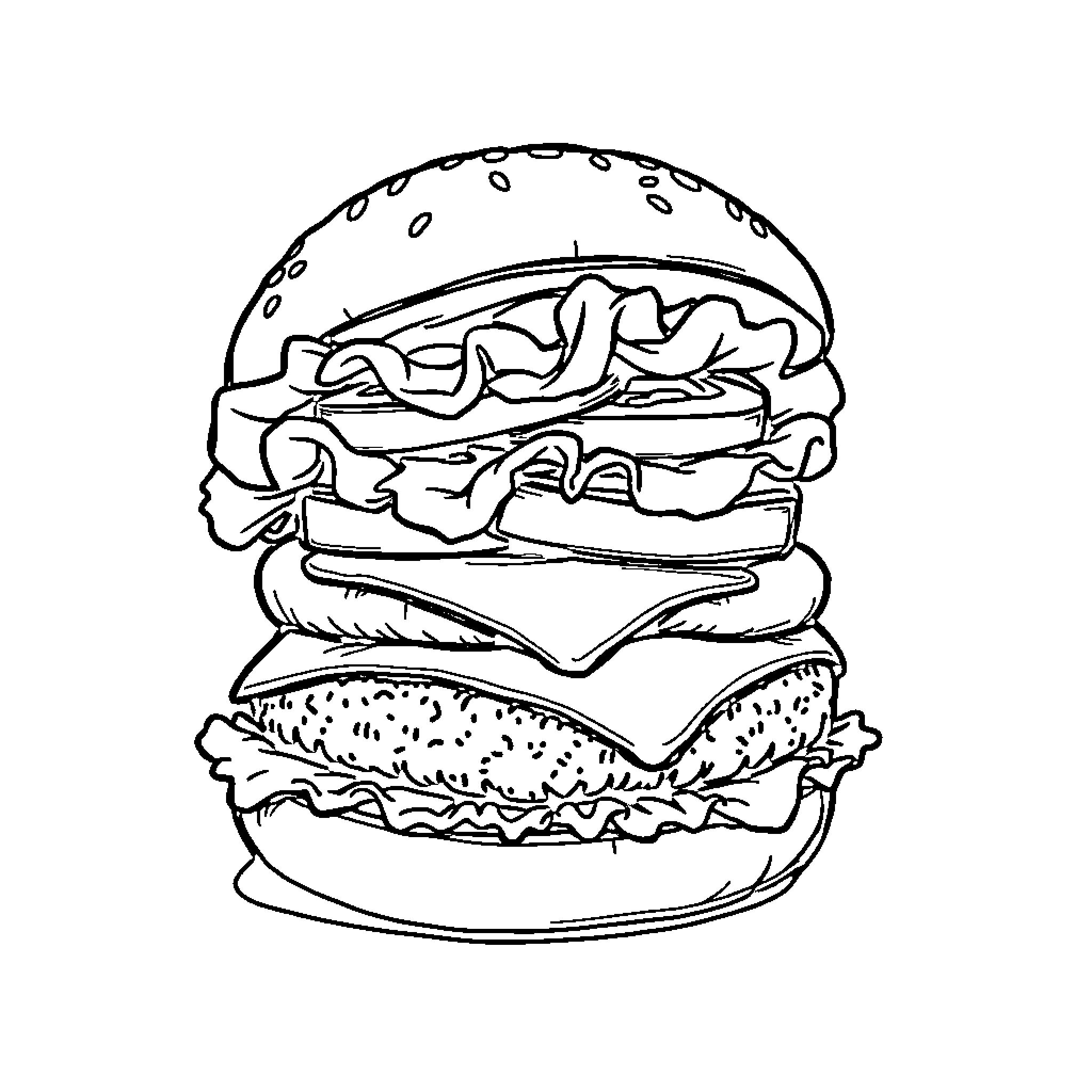 Burger with tasty ingredients and bun Coloring Page (free black-and-white line drawing printable PDF for all, from beginners to advanced learners, including children, teens, adults, and seniors)