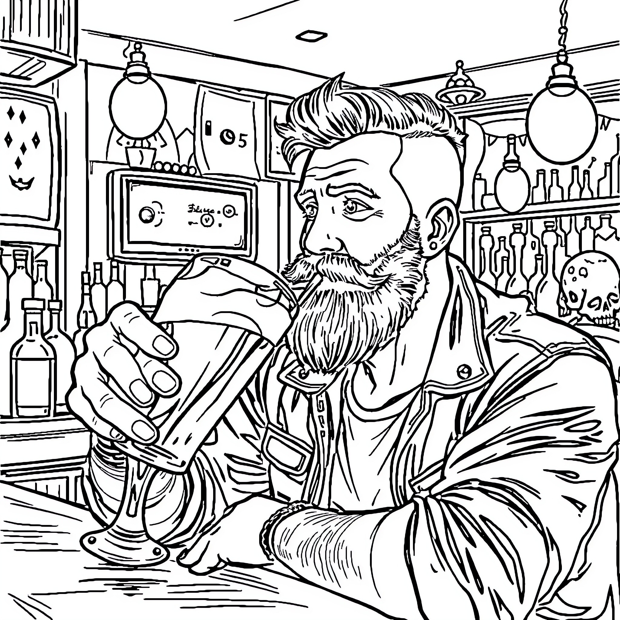 Bald Man mixing drinks behind the bar counter Coloring Page (free black-and-white line drawing printable PDF for all, from beginners to advanced learners, including children, teens, adults, and seniors)