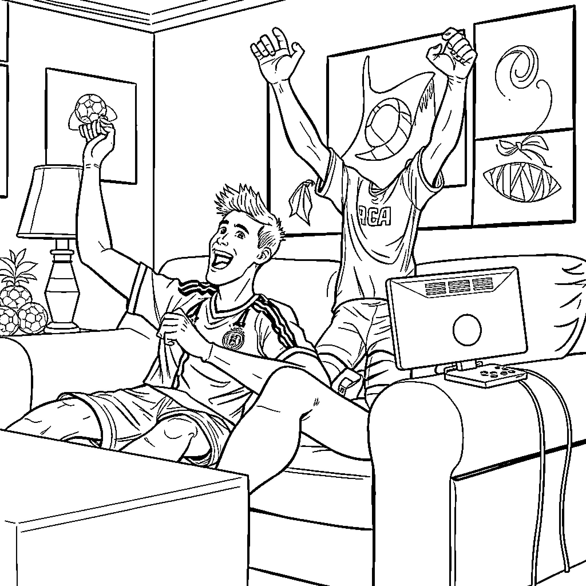 Ronaldo celebrating exciting gaming victory at home Coloring Page (free black-and-white line drawing printable PDF for all, from beginners to advanced learners, including children, teens, adults, and seniors)