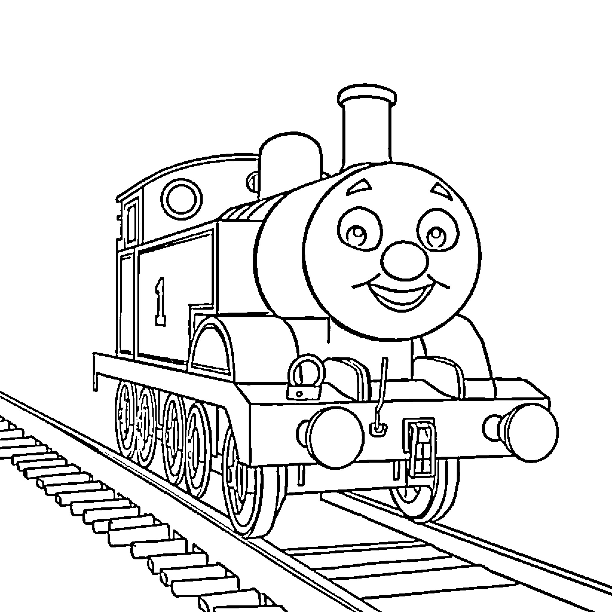 Thomas the Happy Train Riding on the Rails Coloring Page (free black-and-white line drawing printable PDF for all, from beginners to advanced learners, including children, teens, adults, and seniors)