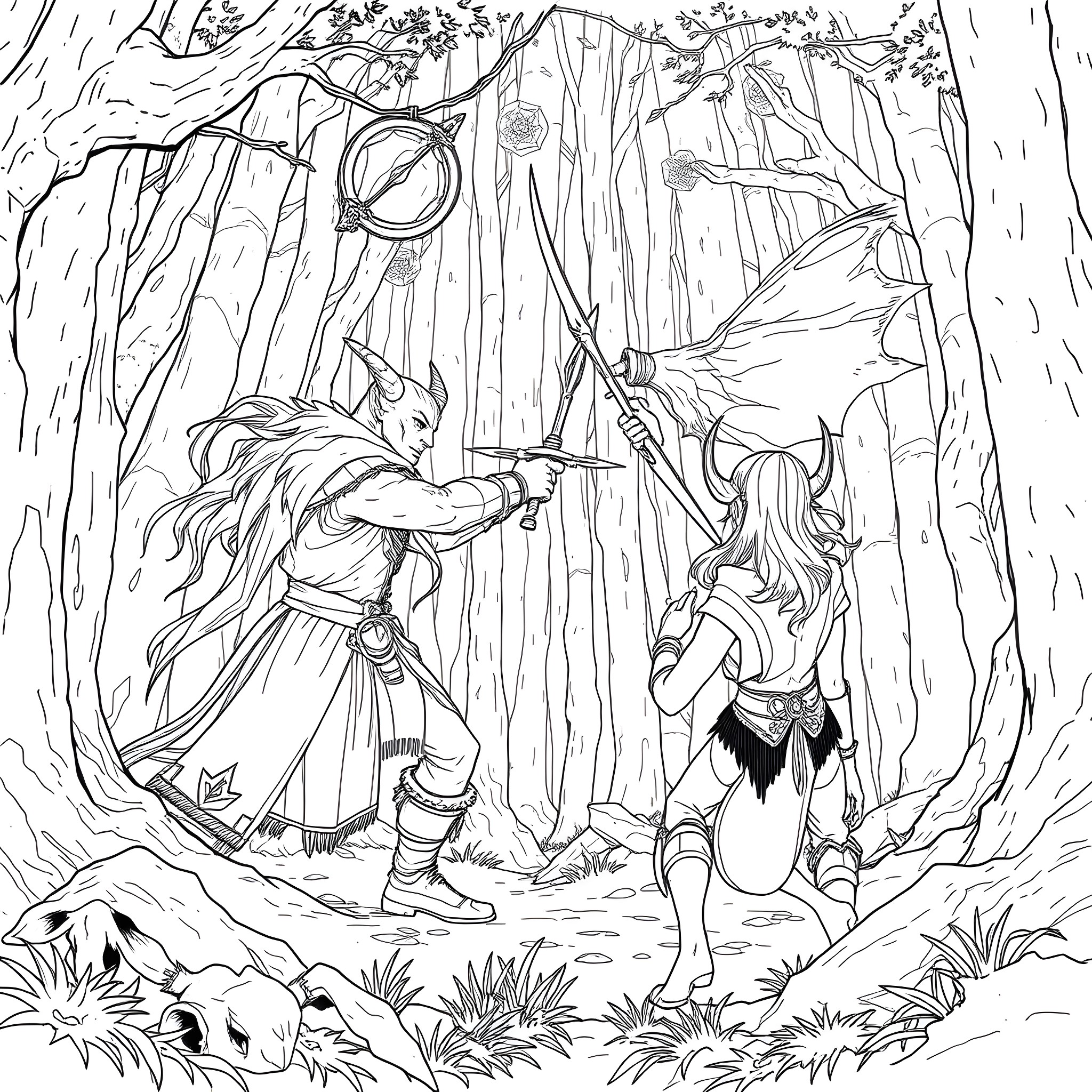 Tiefling adventurers exploring the mysterious forest Coloring Page (free black-and-white line drawing printable PDF for all, from beginners to advanced learners, including children, teens, adults, and seniors)