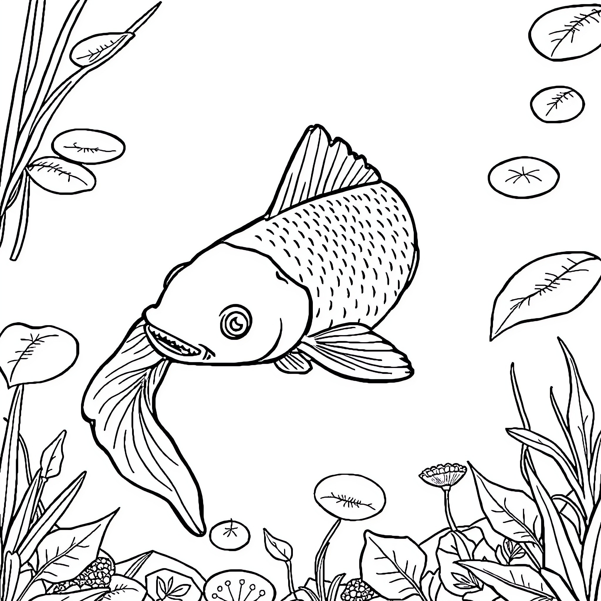 Peche: Playful Fish Exploring Underwater Foliage Coloring Page (free black-and-white line drawing printable PDF for all, from beginners to advanced learners, including children, teens, adults, and seniors)
