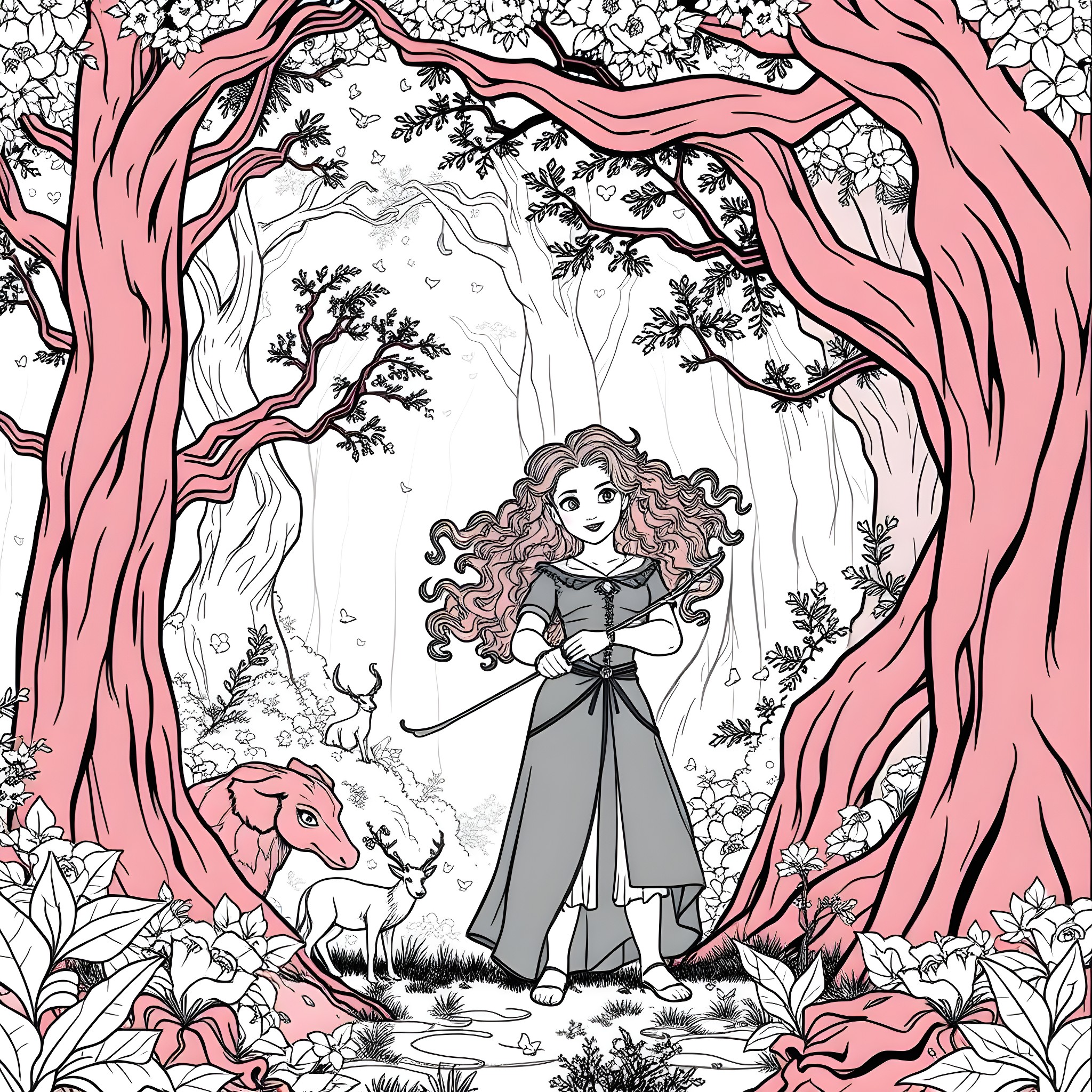 Merida exploring a fantasy forest with mythical creatures Coloring Page (free black-and-white line drawing printable PDF for all, from beginners to advanced learners, including children, teens, adults, and seniors)
